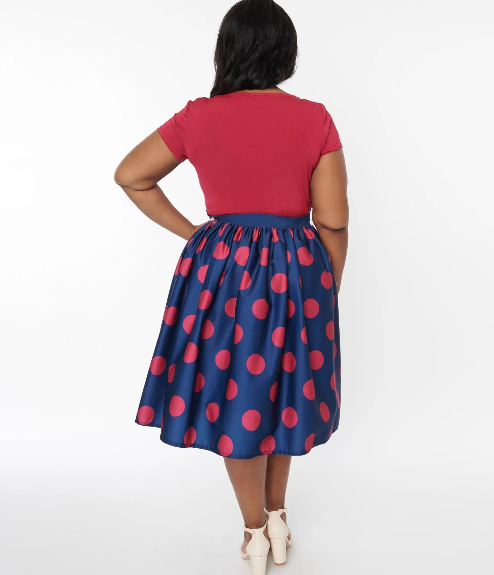 Unique Vintage Navy & Berry Polka Dot Gellar Swing Skirt Cheap