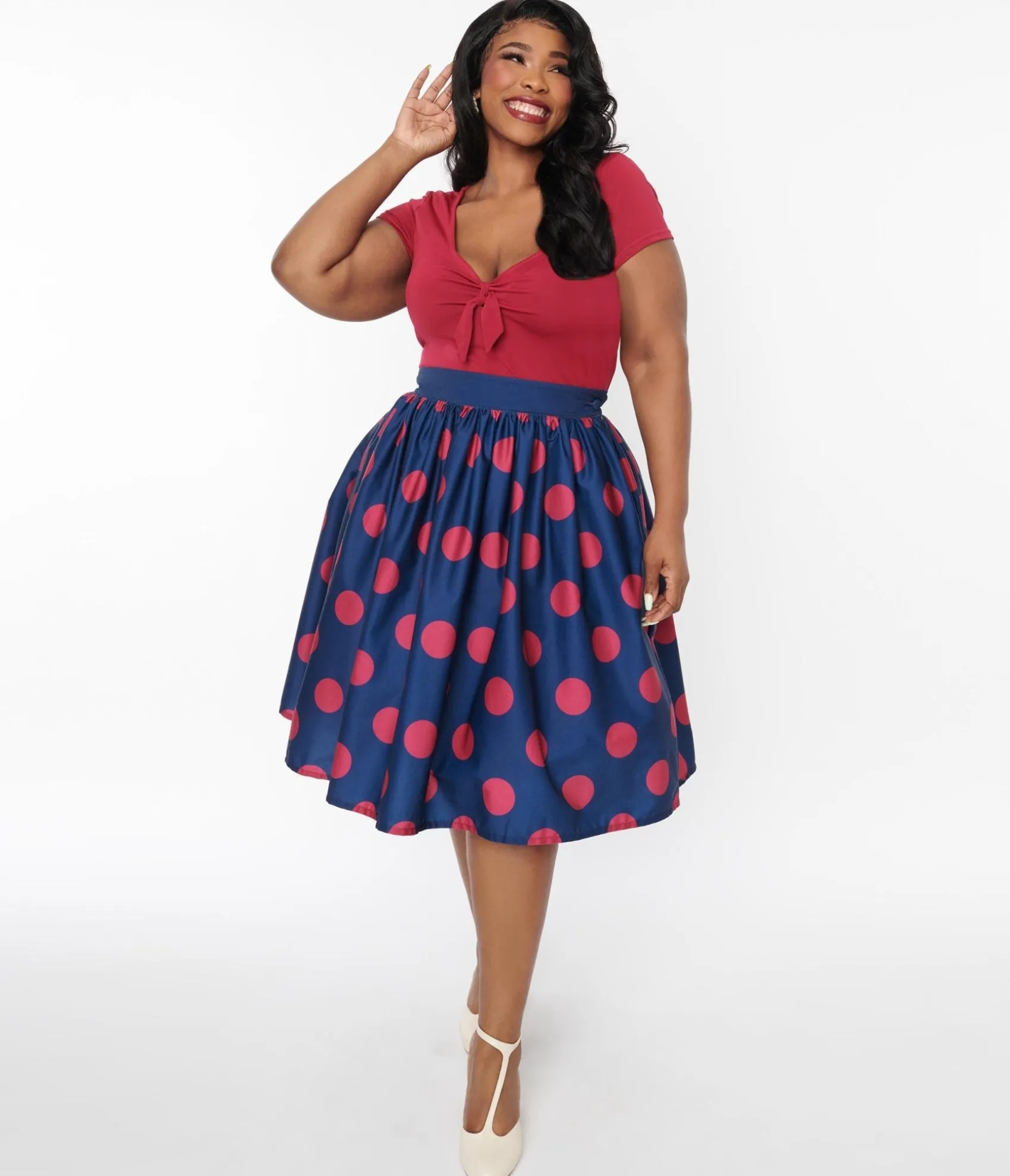 Unique Vintage Navy & Berry Polka Dot Gellar Swing Skirt Cheap