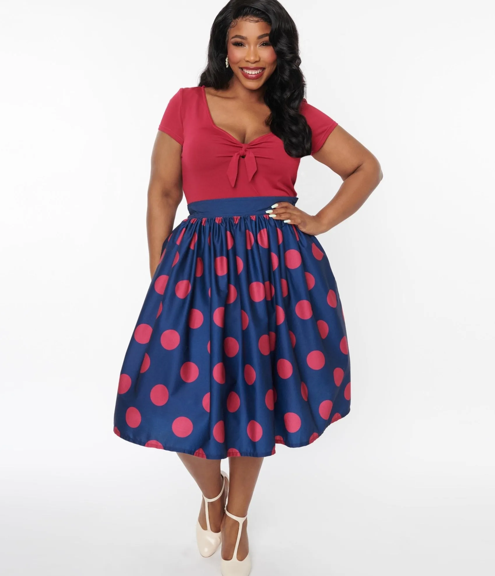 Unique Vintage Navy & Berry Polka Dot Gellar Swing Skirt Cheap