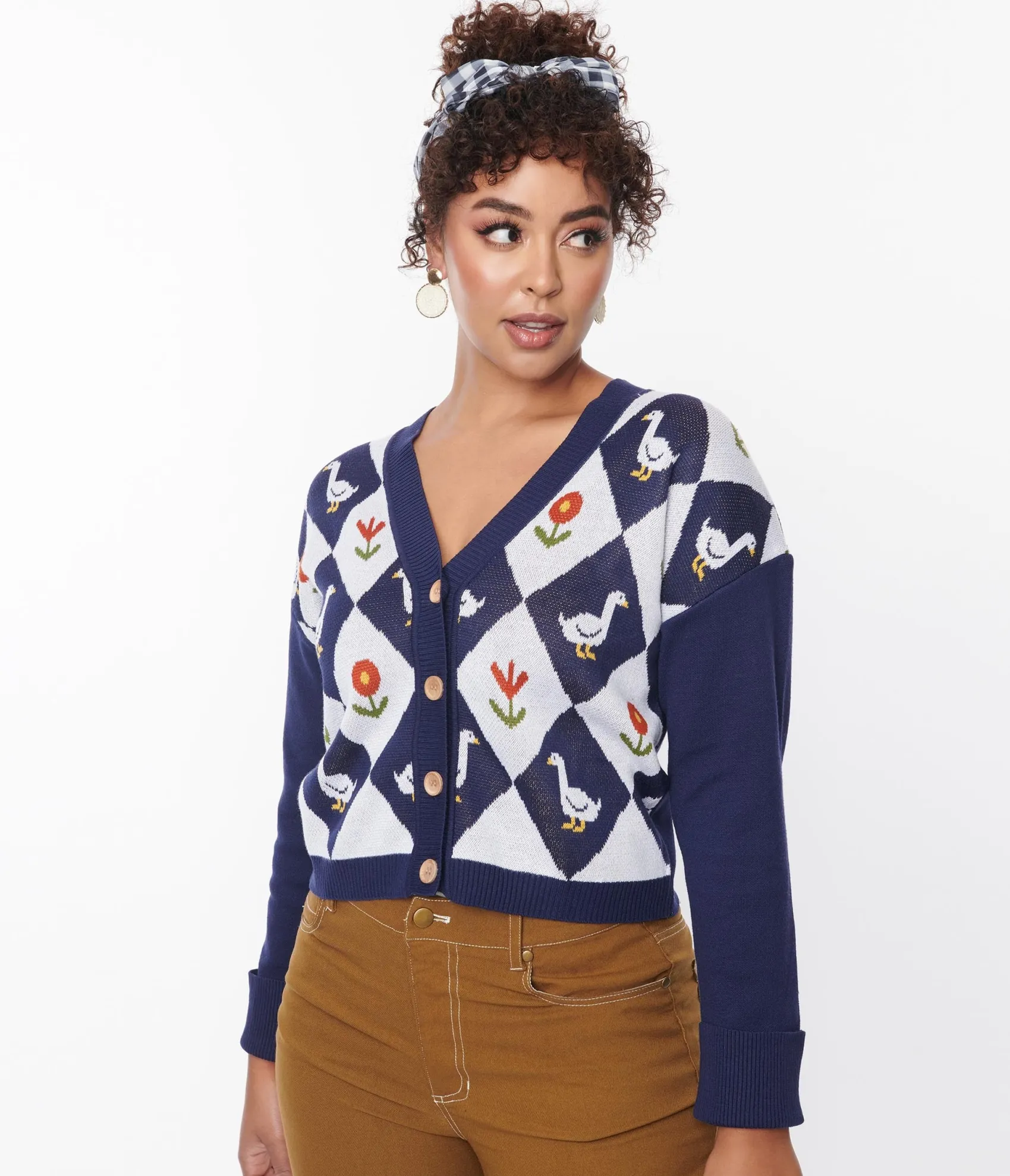 Unique Vintage Navy & Duck Argyle Sweater Cardigan New