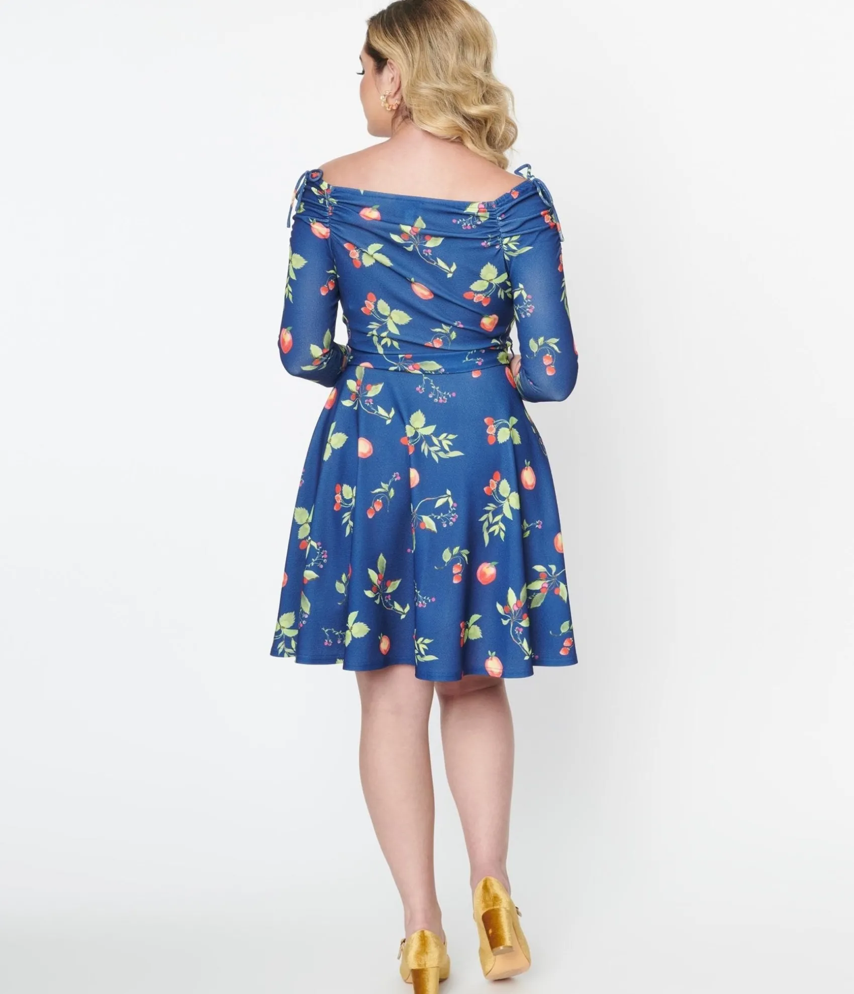 Unique Vintage Navy & Orchard Print Off Shoulder Flare Dress Shop