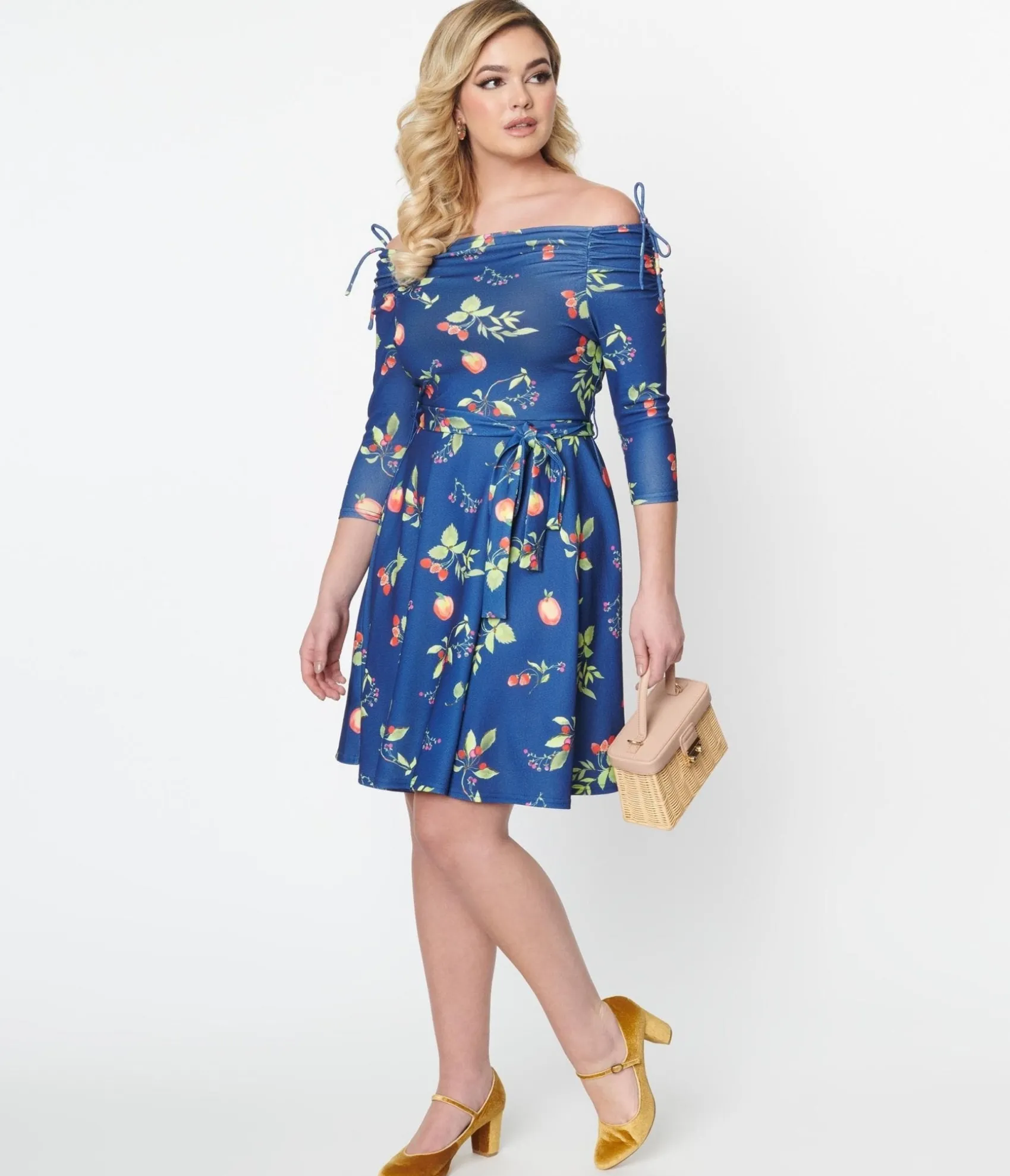 Unique Vintage Navy & Orchard Print Off Shoulder Flare Dress Shop