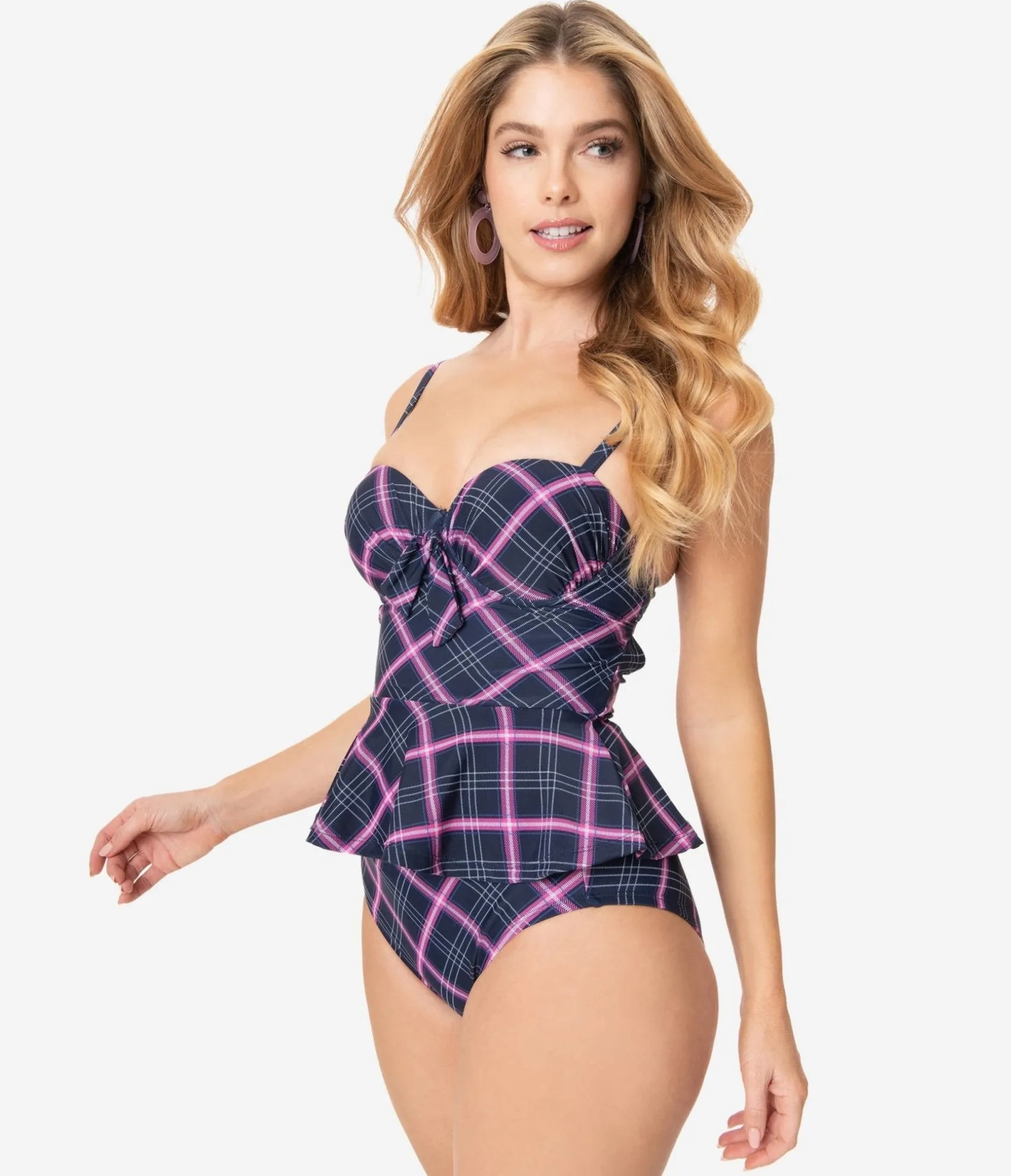 Unique Vintage Navy & Pink Plaid Daphne Swim Bottoms Flash Sale