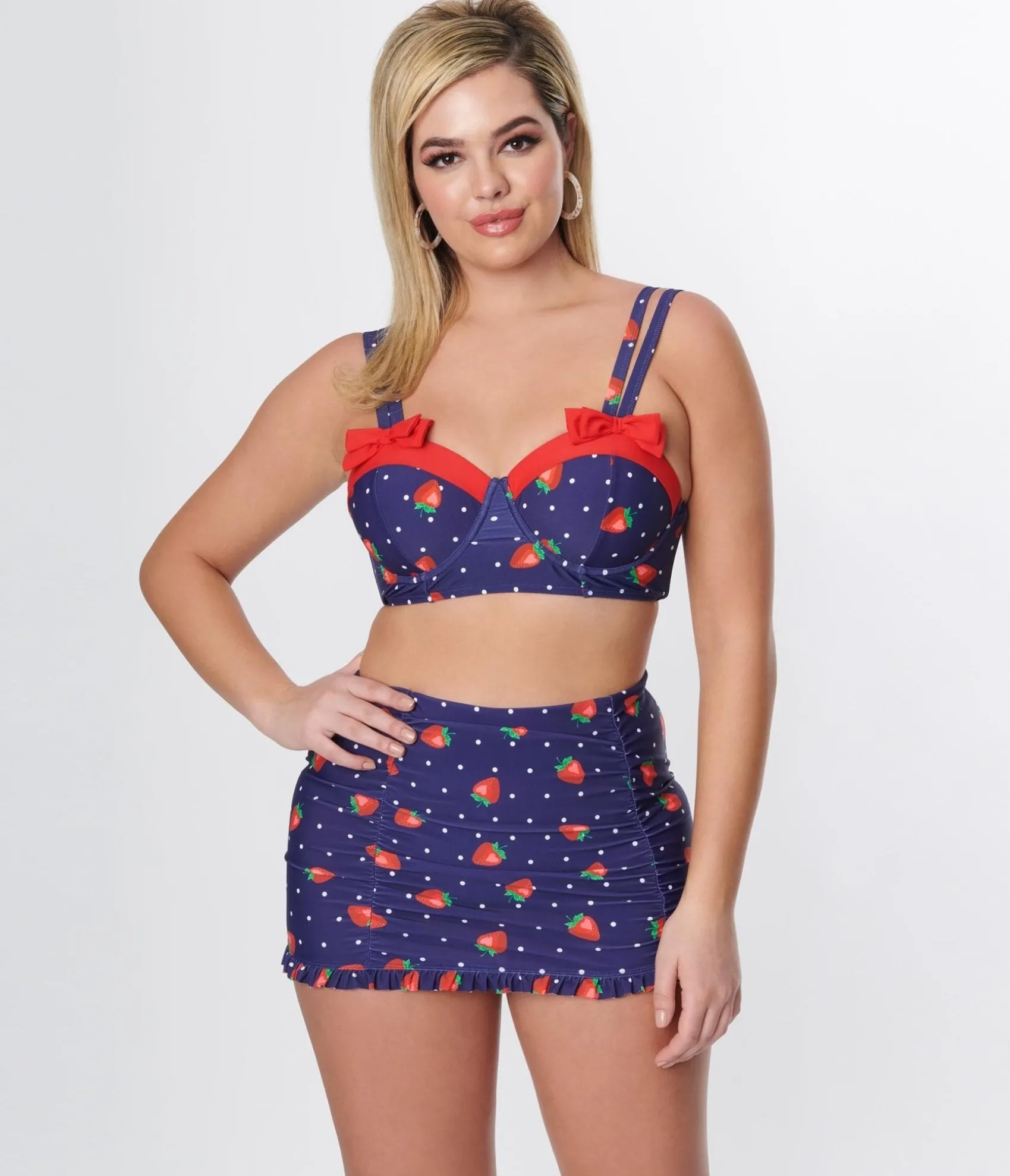 Unique Vintage Navy Strawberry Pin Dot Bowed Over Swim Top Outlet