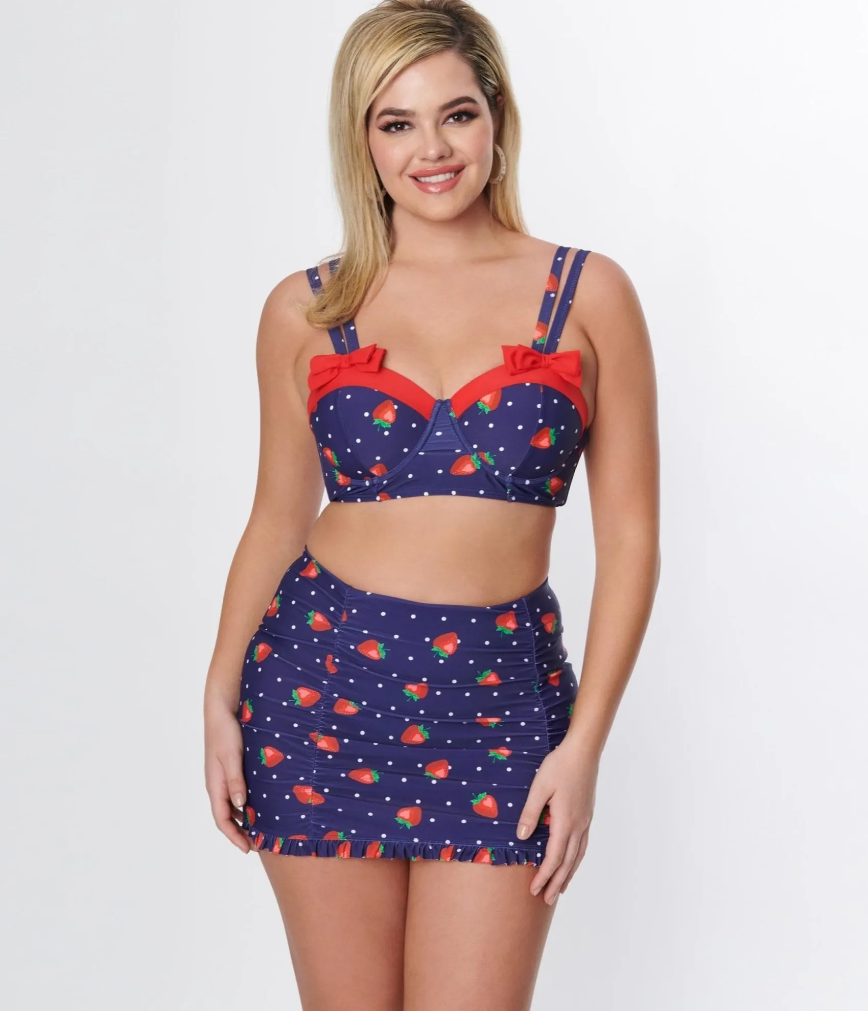 Unique Vintage Navy Strawberry Pin Dot Bowed Over Swim Top Outlet