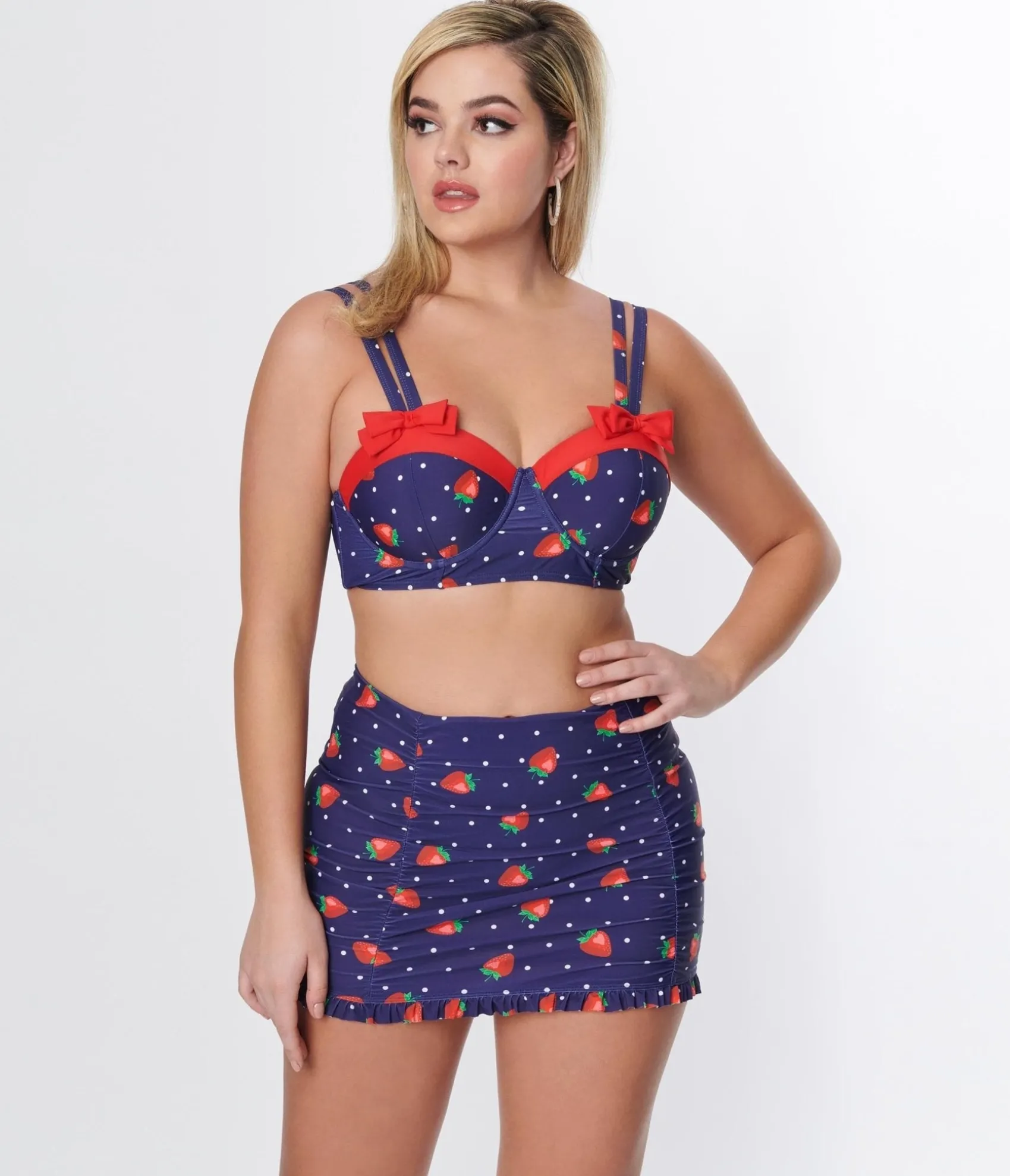Unique Vintage Navy Strawberry Pin Dot Bowed Over Swim Top Outlet