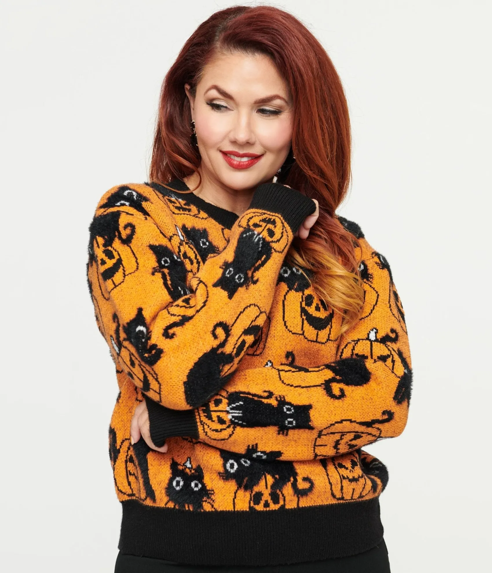 Unique Vintage Orange Pumpkin & Black Cat Print Sweater Flash Sale