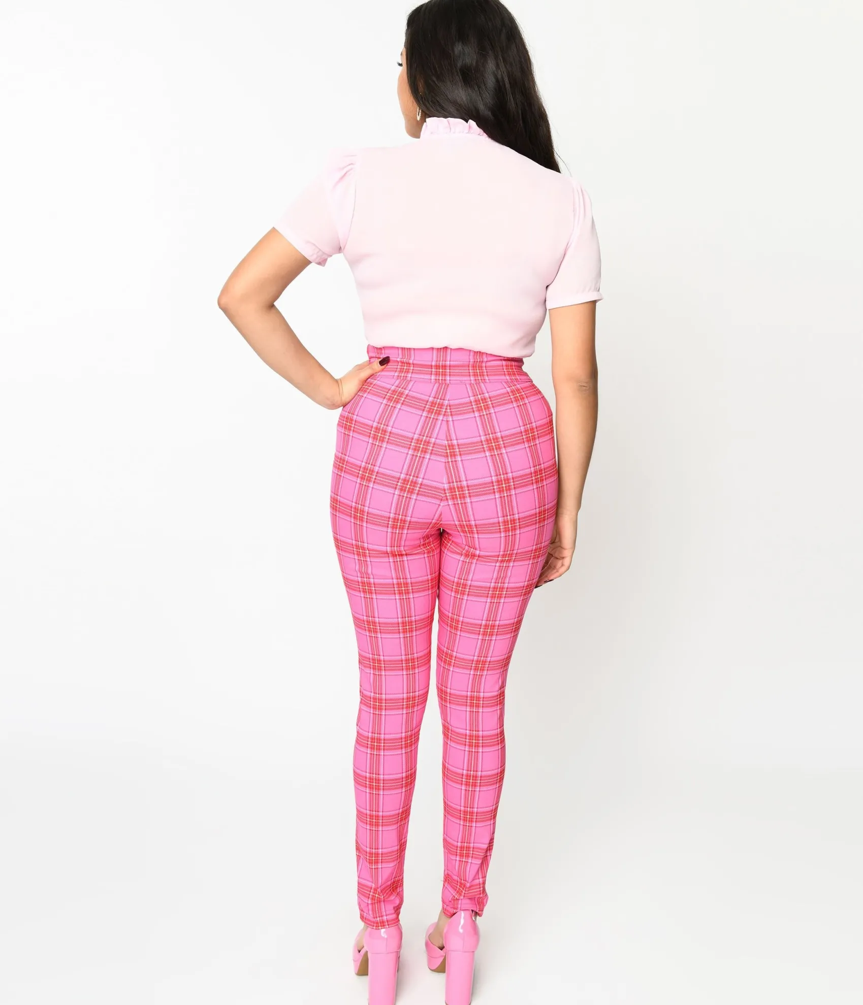 Unique Vintage Pink & Red Plaid High Waist Cigarette Pants Best