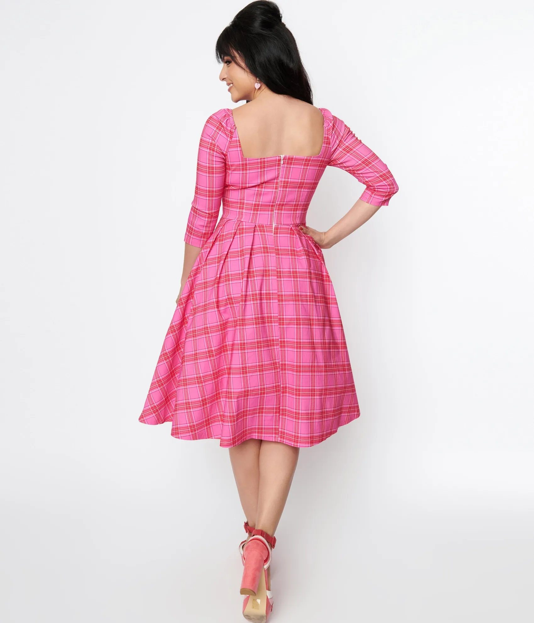 Unique Vintage Pink & Red Plaid Lamar Swing Dress Hot