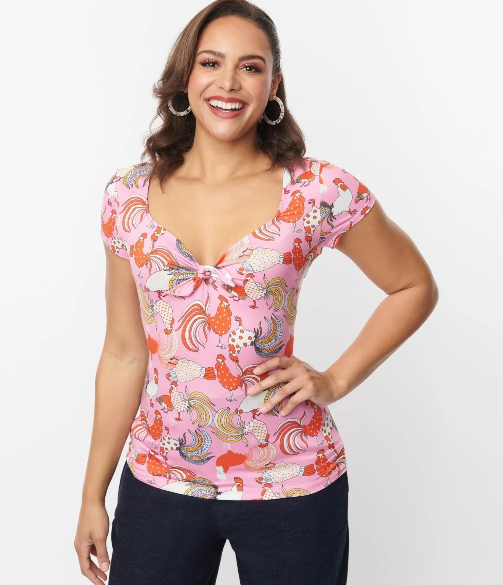 Unique Vintage Pink & Red Rooster Sweetheart Rosemary Top Hot