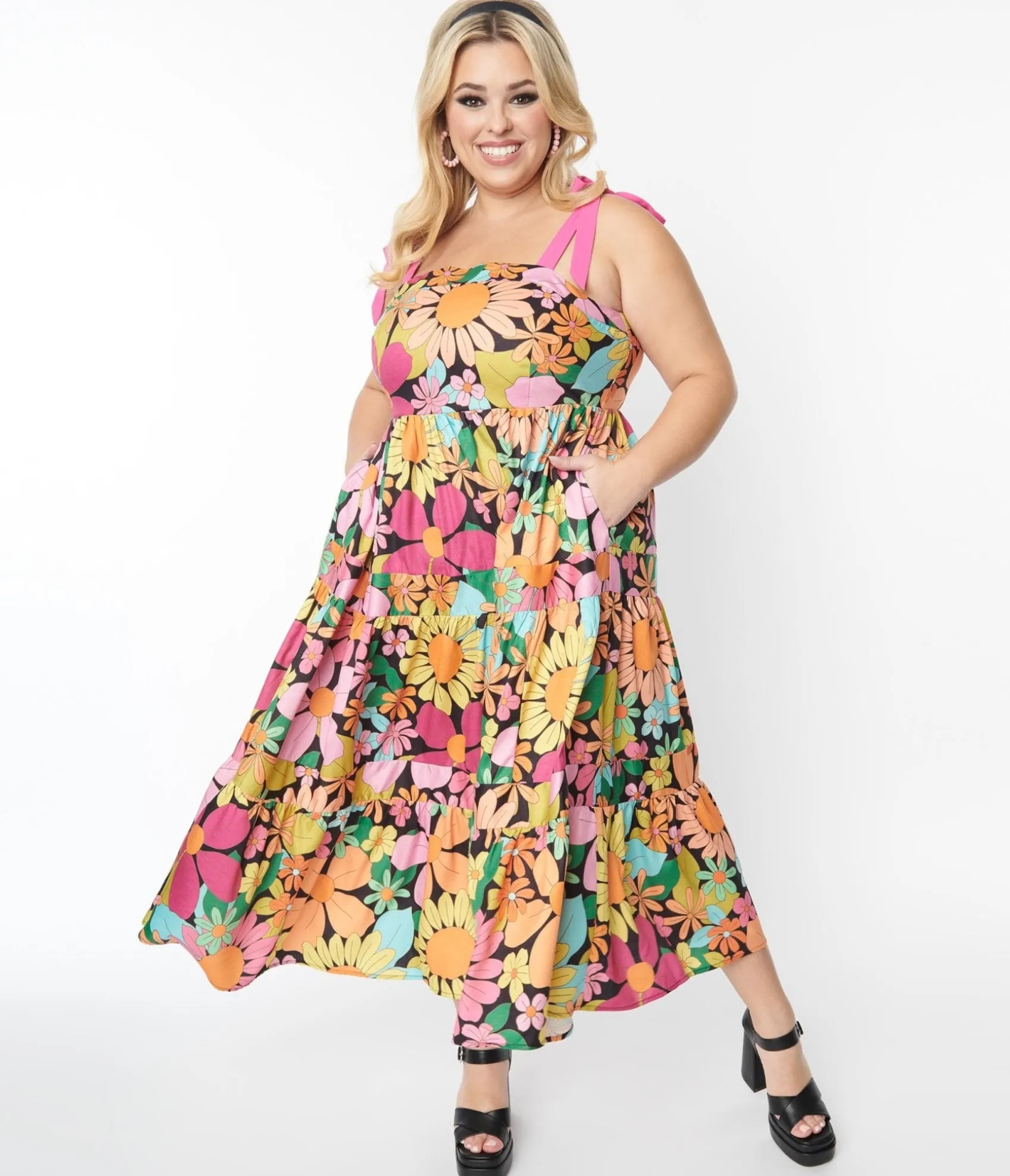 Unique Vintage Pink Floral Tiered Midi Dress Fashion