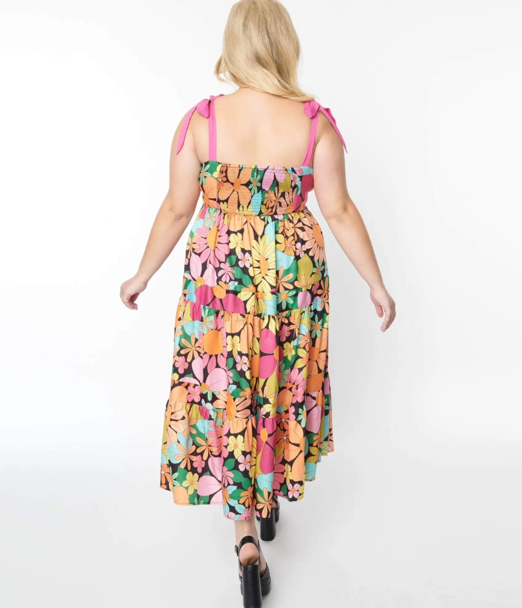 Unique Vintage Pink Floral Tiered Midi Dress Fashion
