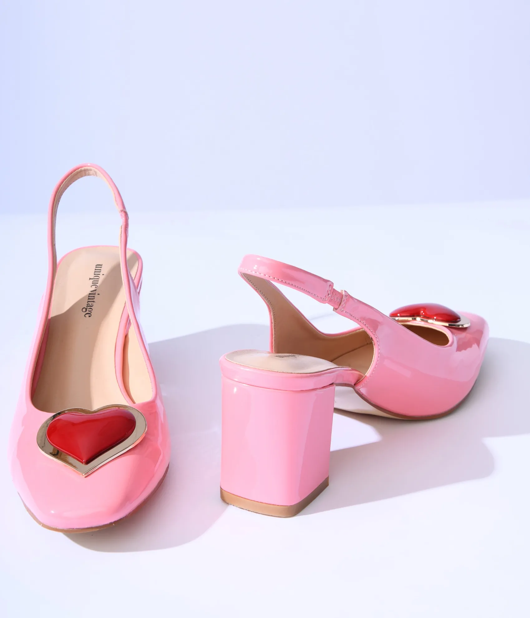 Unique Vintage Pink Heart Leatherette Slingback Heels Flash Sale
