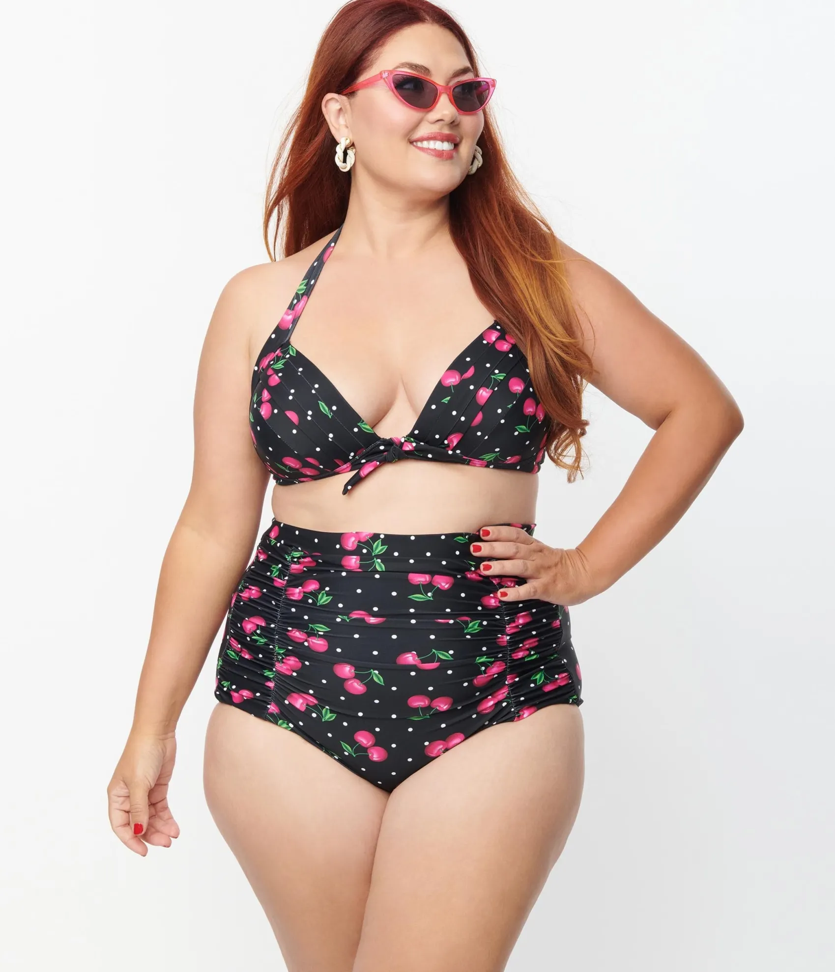 Unique Vintage Plus Size Black & Hot Pink Cherry Pin Dot Monroe Swim Top Discount