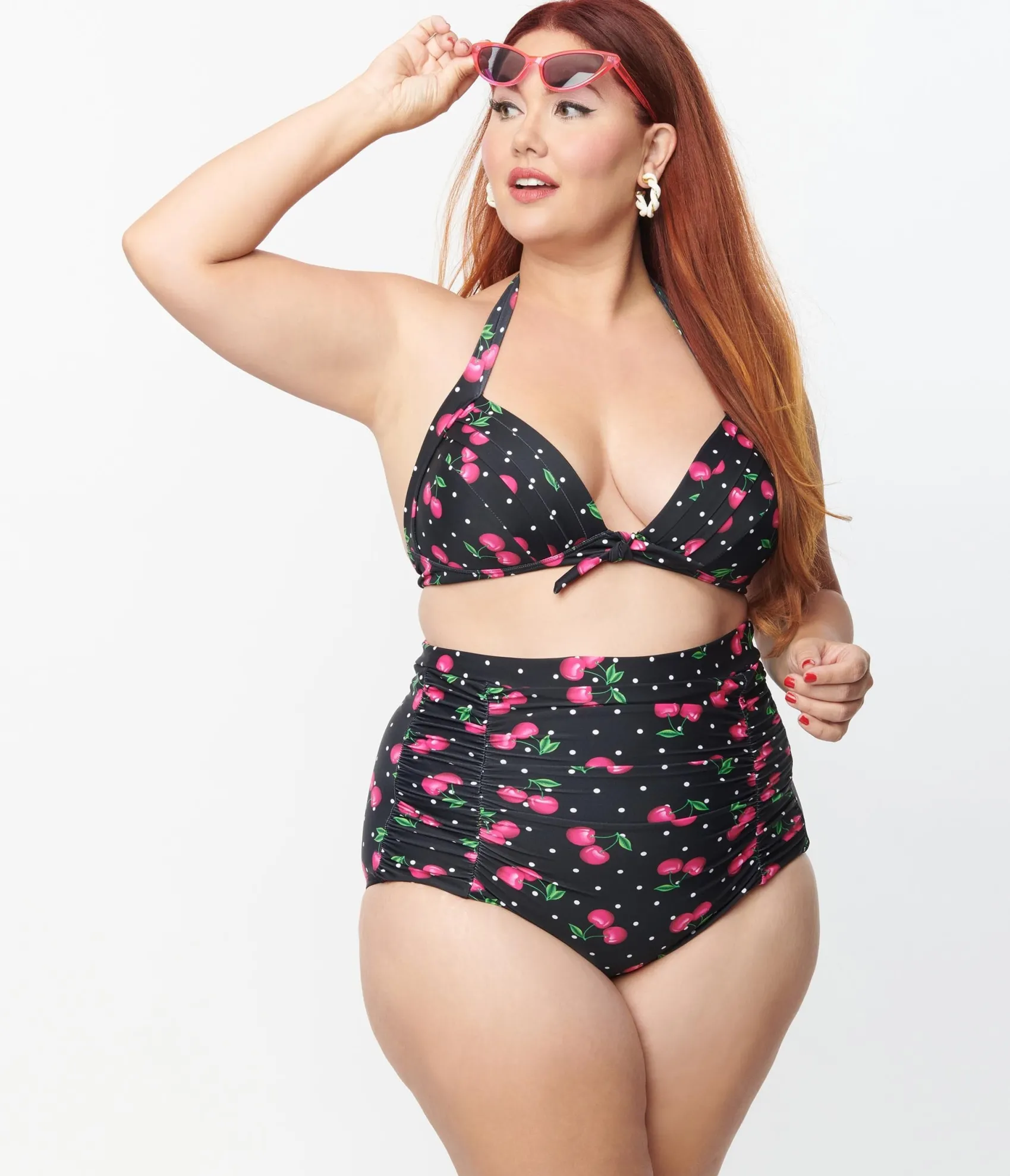 Unique Vintage Plus Size Black & Hot Pink Cherry Pin Dot Monroe Swim Top Discount