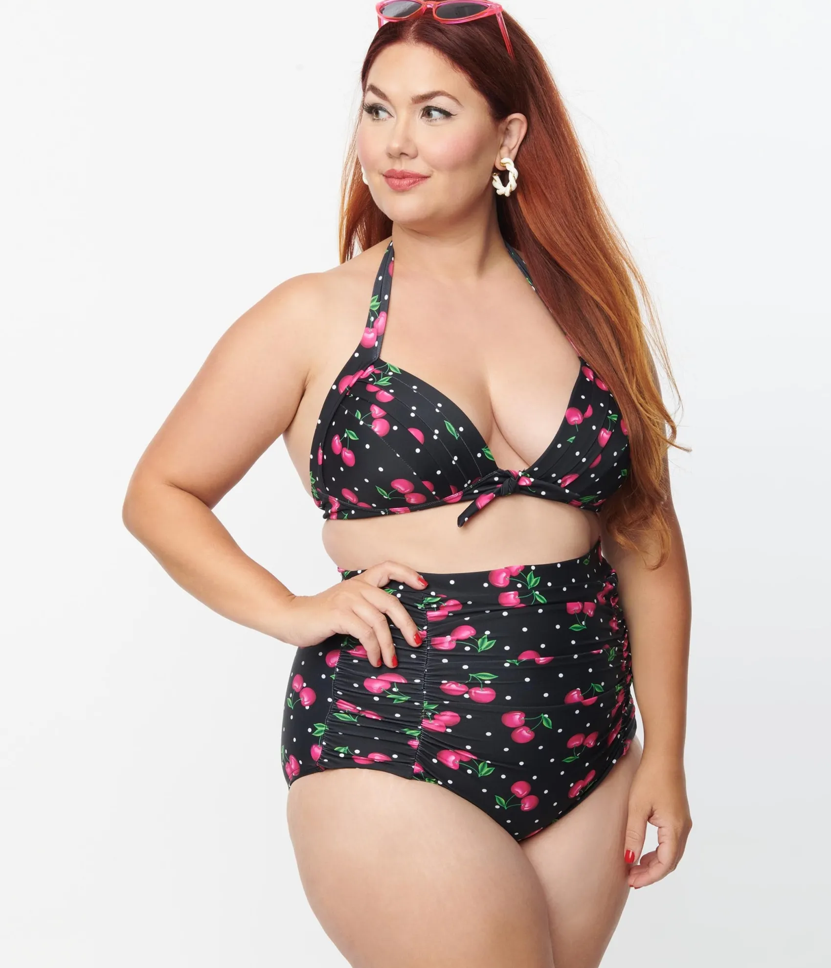 Unique Vintage Plus Size Black & Hot Pink Cherry Pin Dot Monroe Swim Top Discount