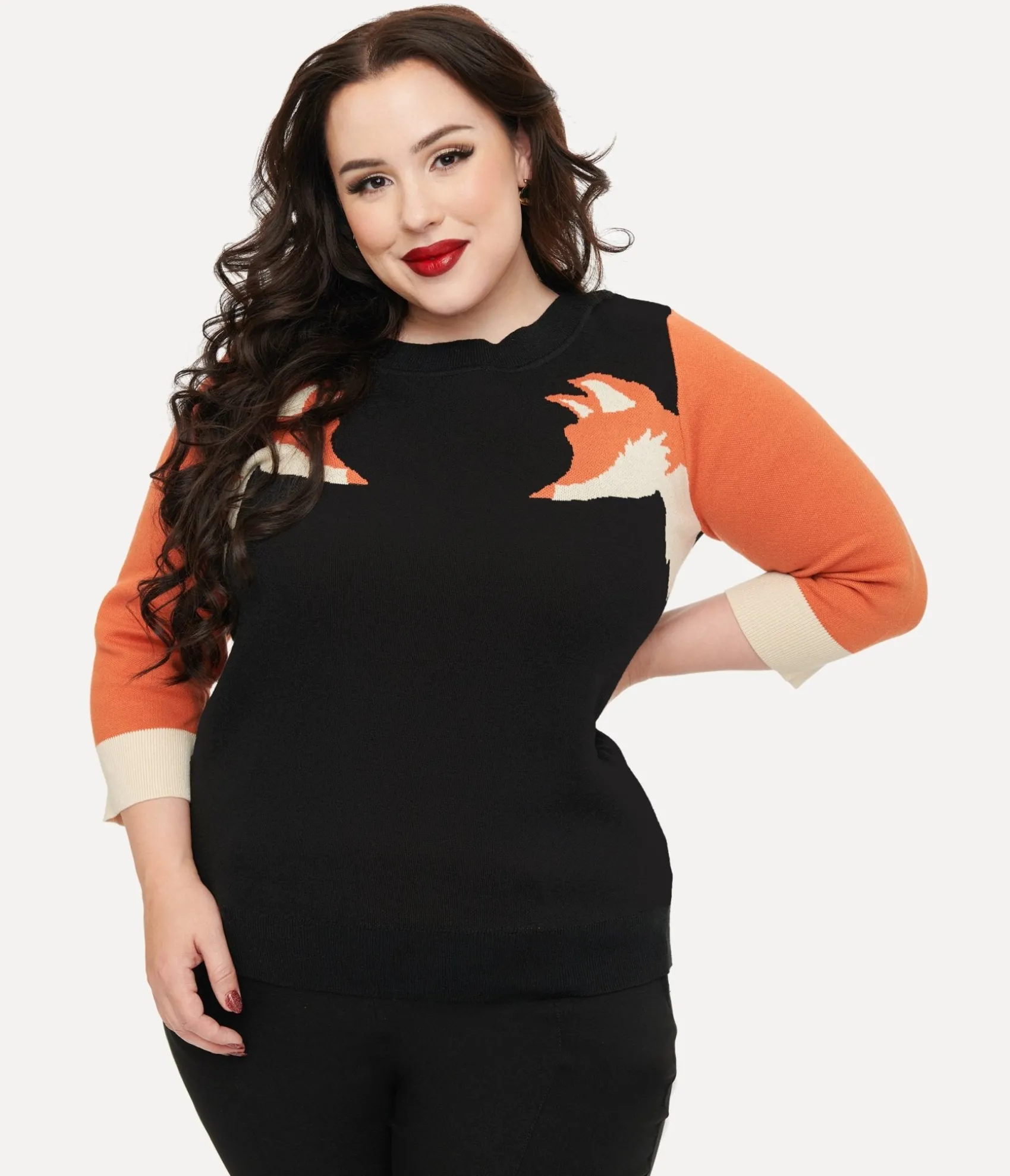 Unique Vintage Plus Size Black & Orange Fox Sleeve Minou Sweater Best Sale