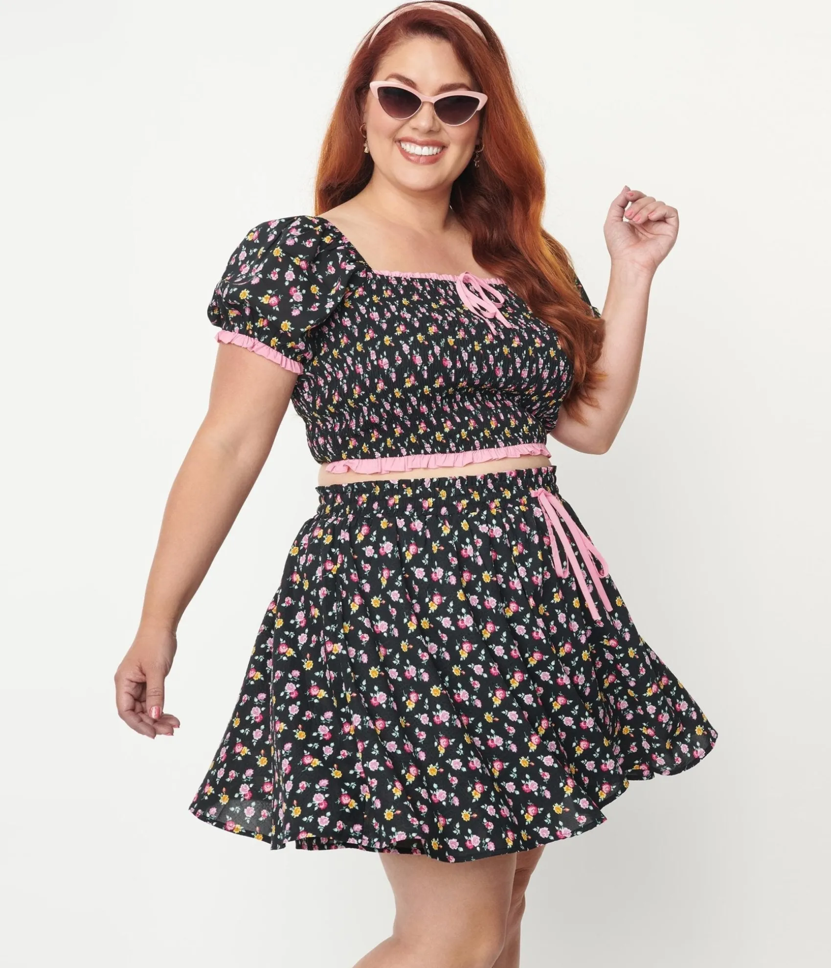 Unique Vintage Plus Size Black & Pink Ditsy Floral Crop Top Store