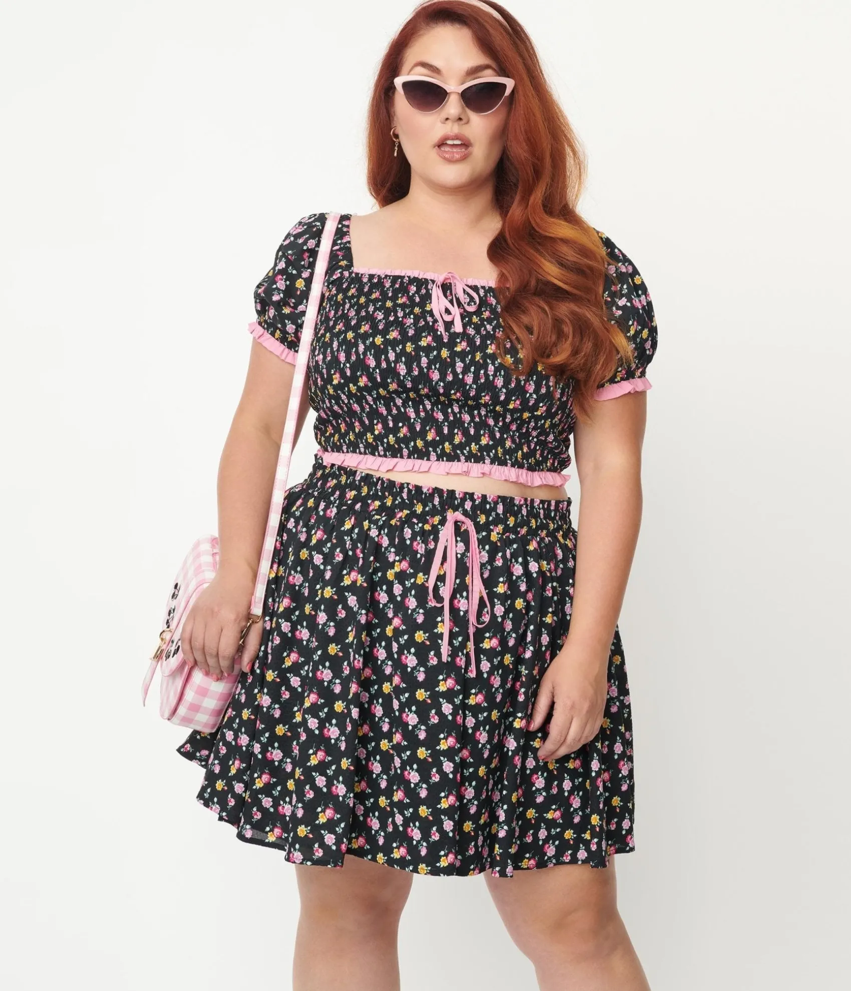 Unique Vintage Plus Size Black & Pink Ditsy Floral Crop Top Store