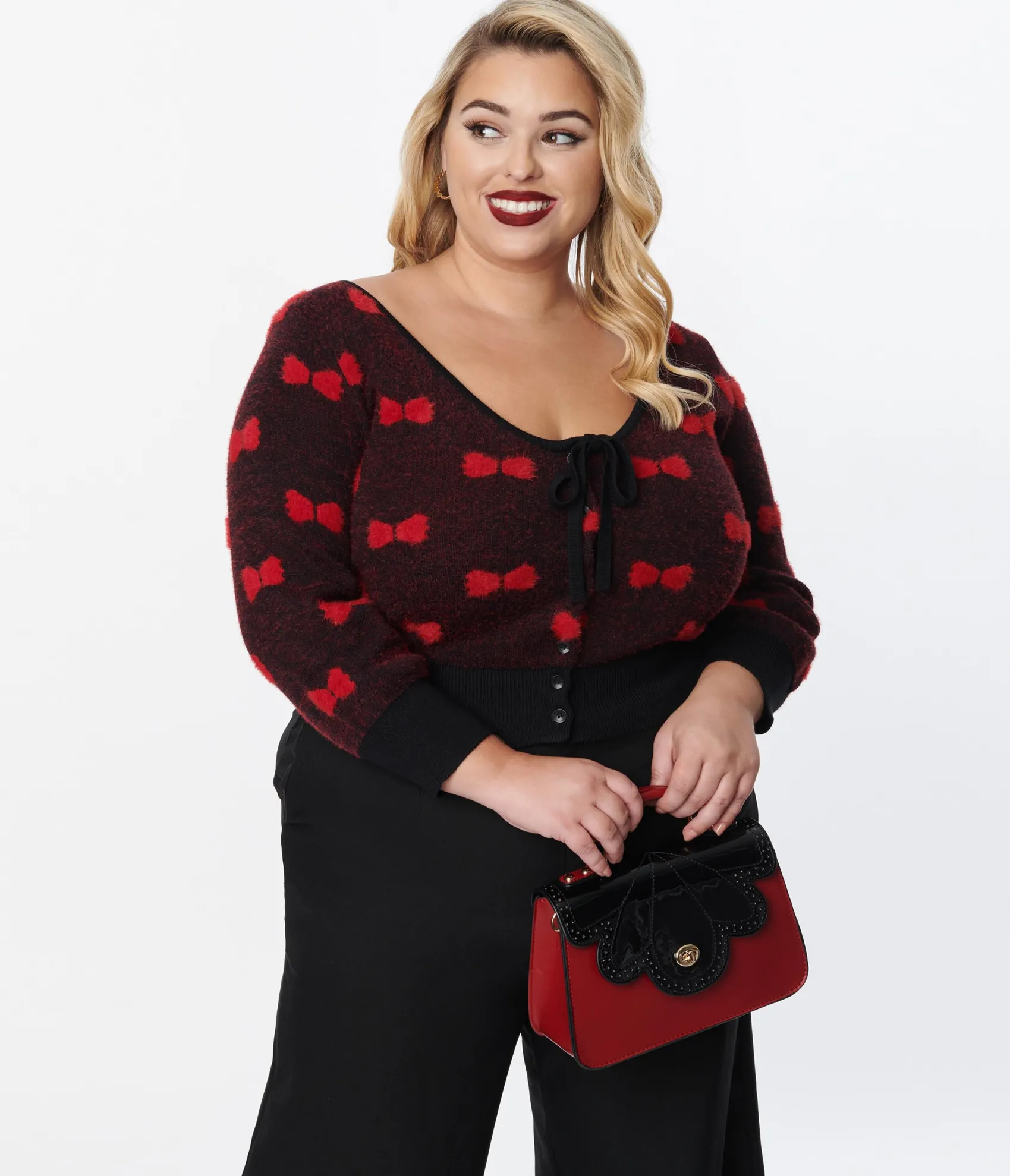 Unique Vintage Plus Size Black & Red Bows Dandy Cardigan Online
