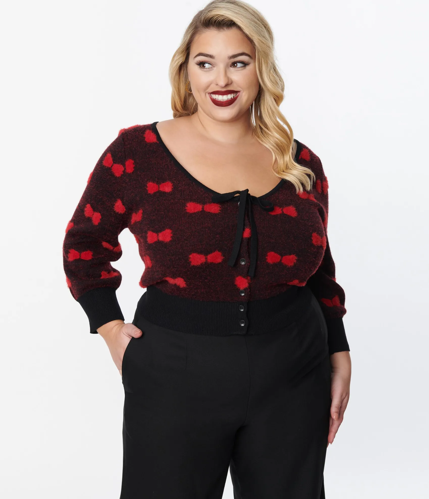 Unique Vintage Plus Size Black & Red Bows Dandy Cardigan Online