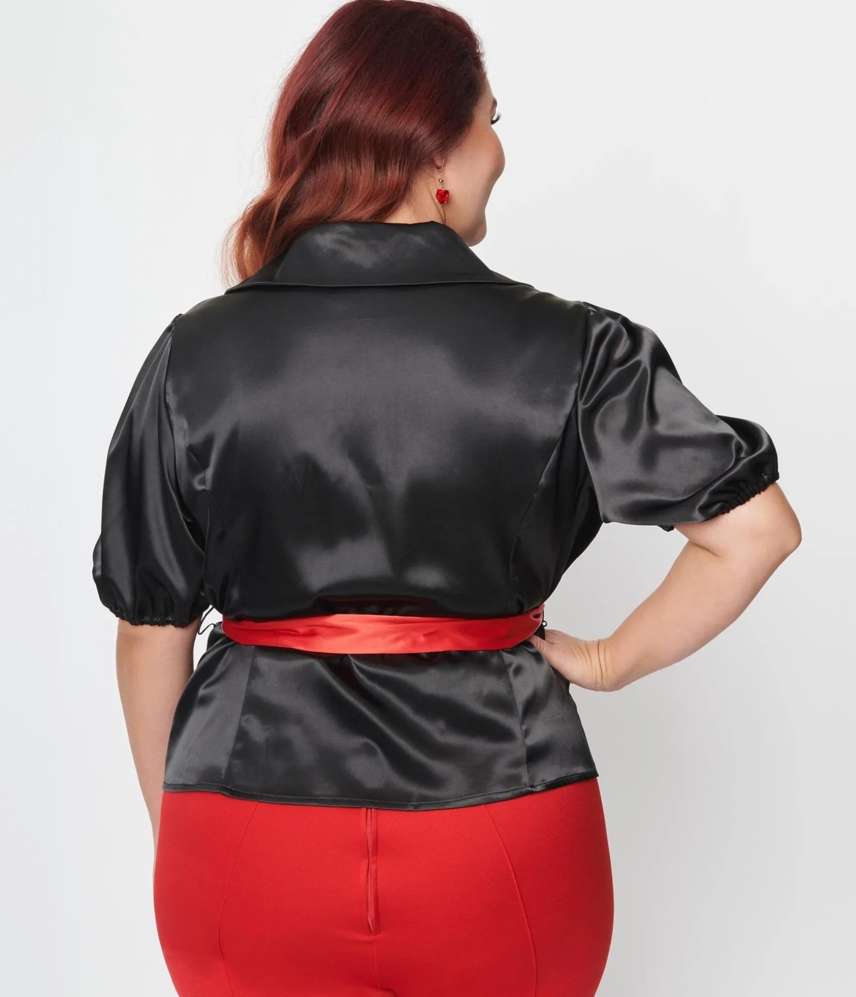 Unique Vintage Plus Size Black & Red Lock & Key Sashed Blouse New