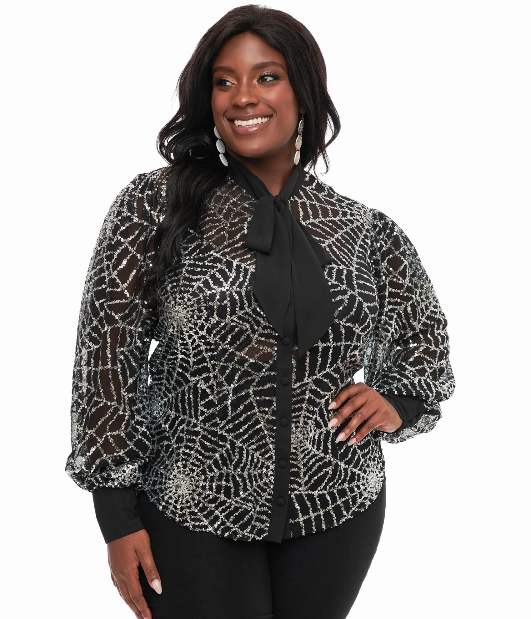 Unique Vintage Plus Size Black & Silver Sequin Spiderweb Sheer Gwen Blouse Shop