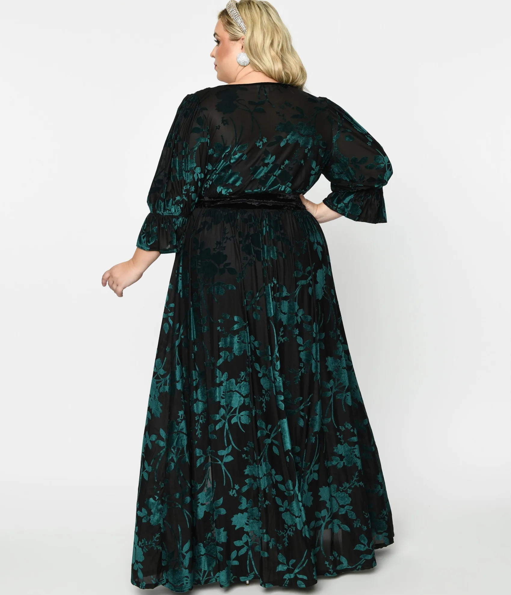 Unique Vintage Plus Size Black & Teal Floral Velvet Burnout Duster Discount