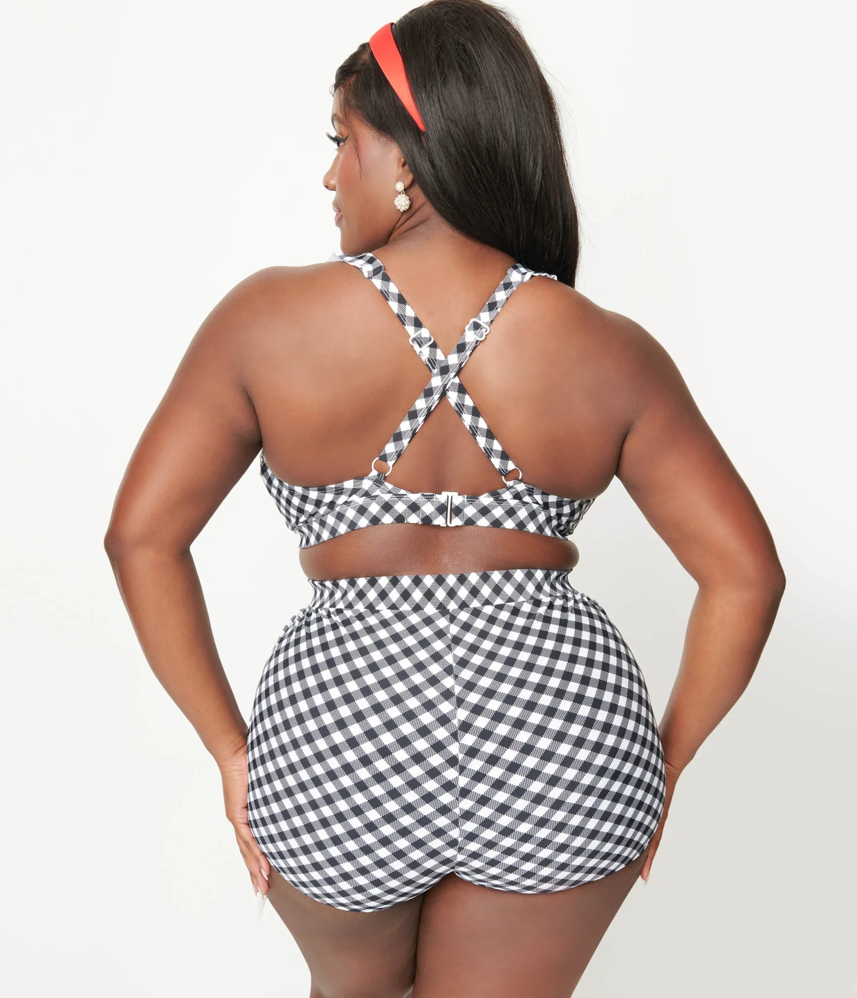 Unique Vintage Plus Size Black & White Gingham Halter Swim Top Best