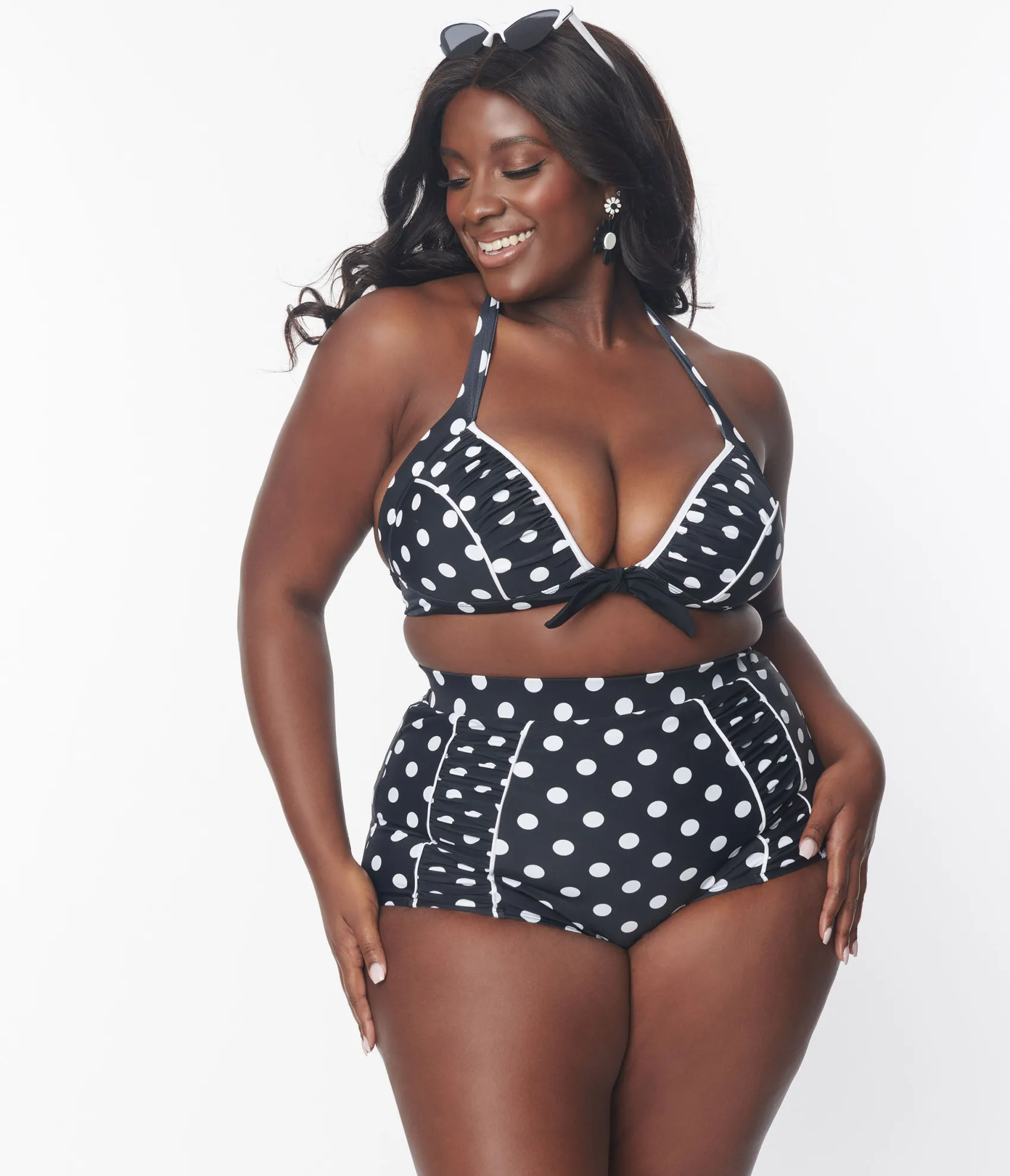 Unique Vintage Plus Size Black & White Polka Dot Halter Swim Top New