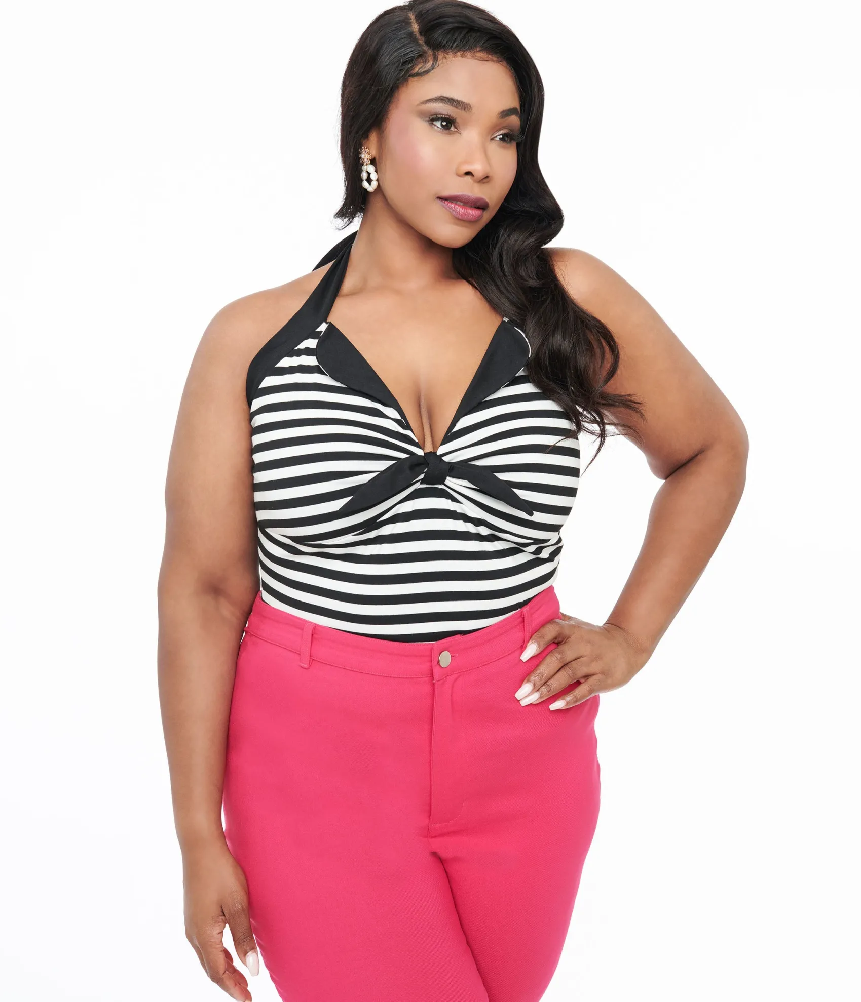 Unique Vintage Plus Size Black & White Striped Halter Top Online