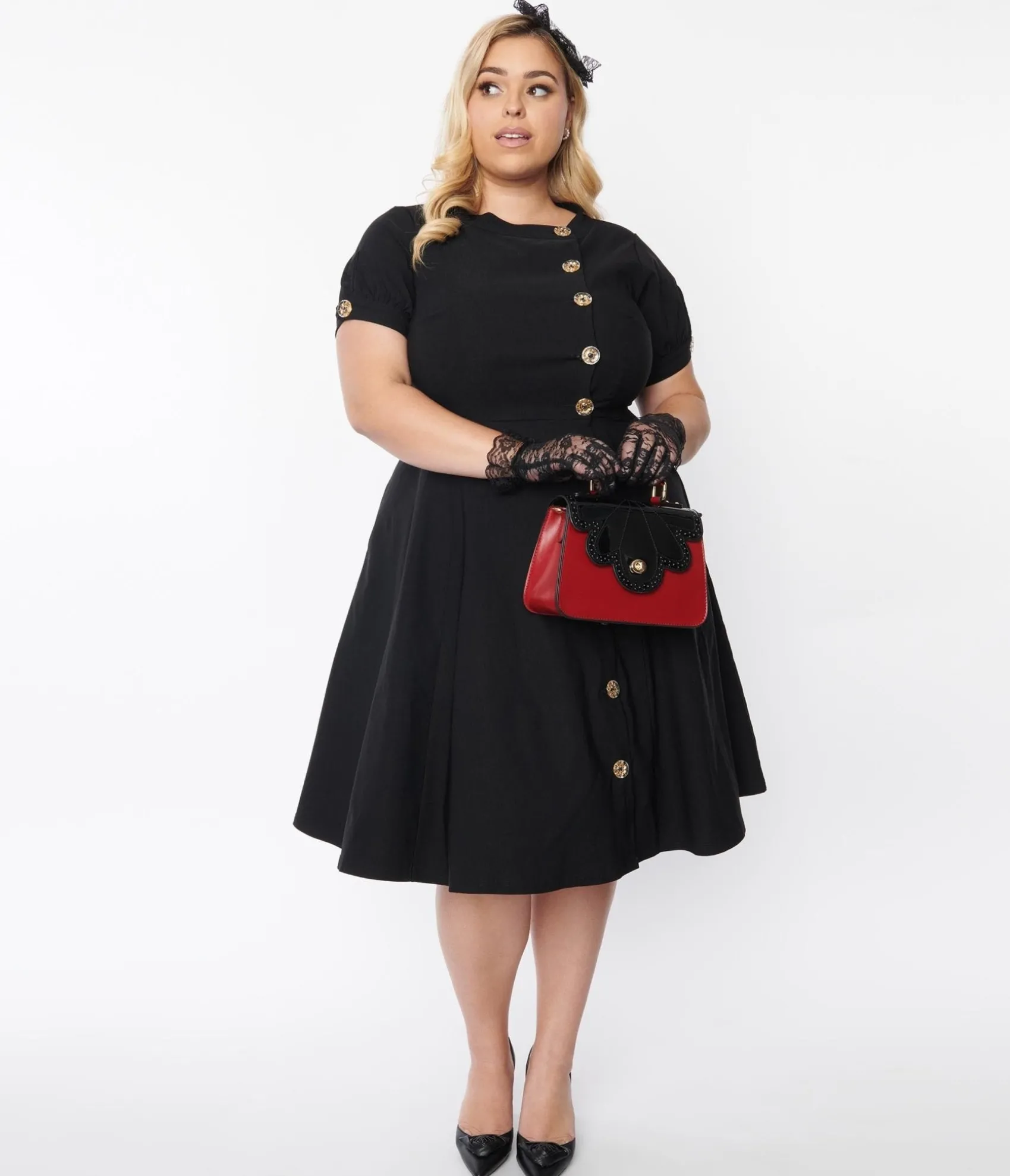 Unique Vintage Plus Size Black Button Swing Dress Best