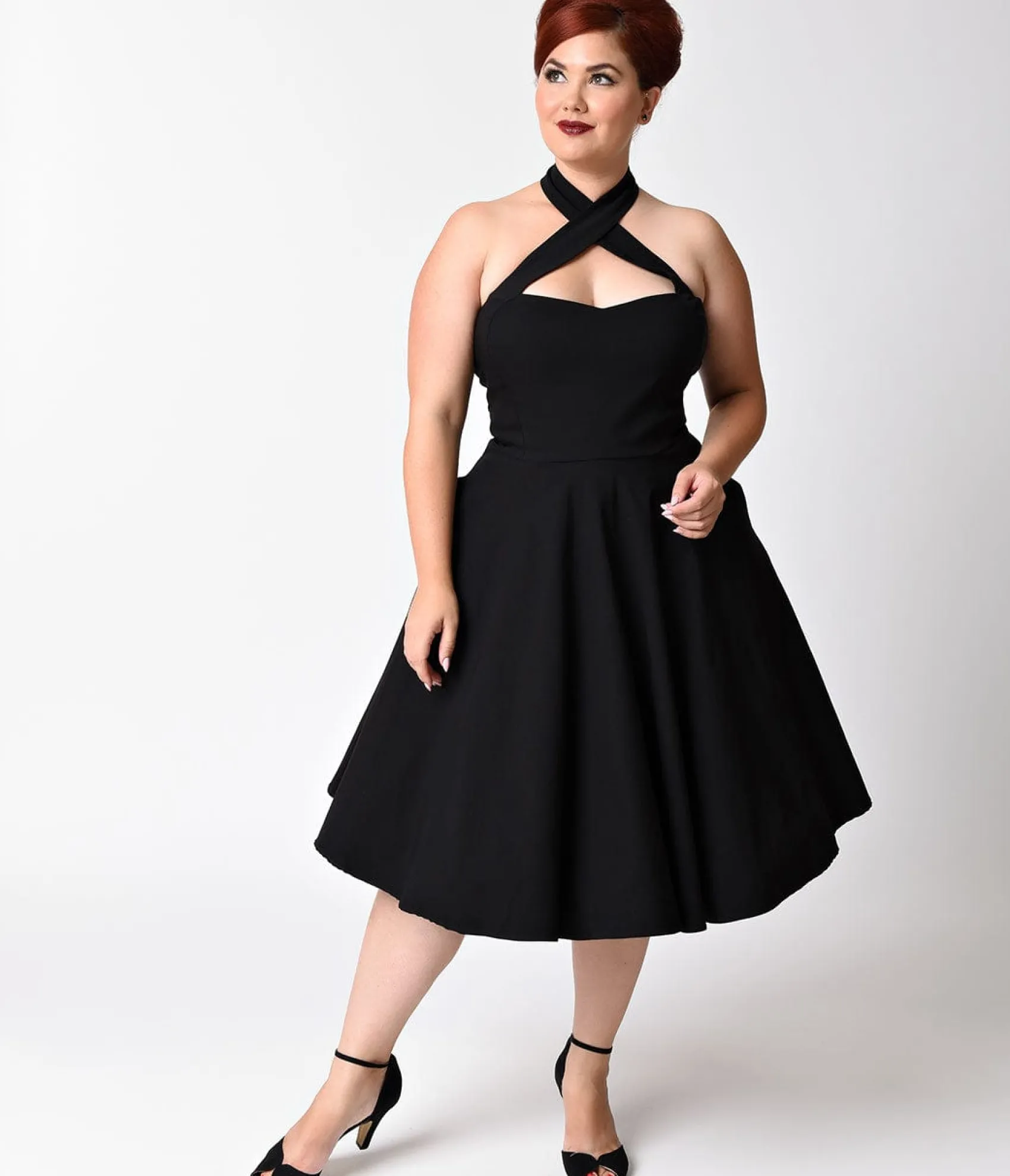 Unique Vintage Plus Size Black Criss Cross Halter Rita Flare Dress Cheap