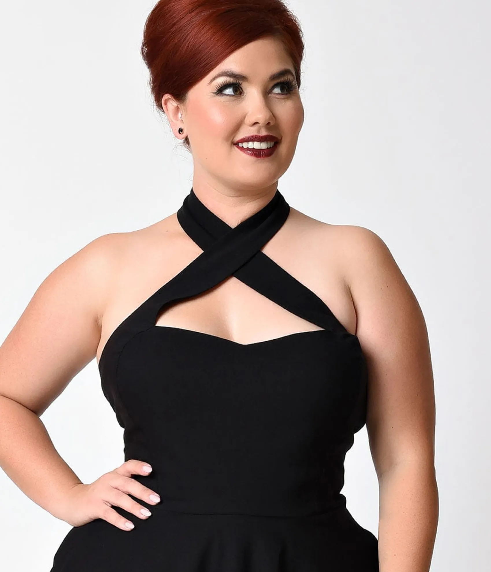 Unique Vintage Plus Size Black Criss Cross Halter Rita Flare Dress Cheap