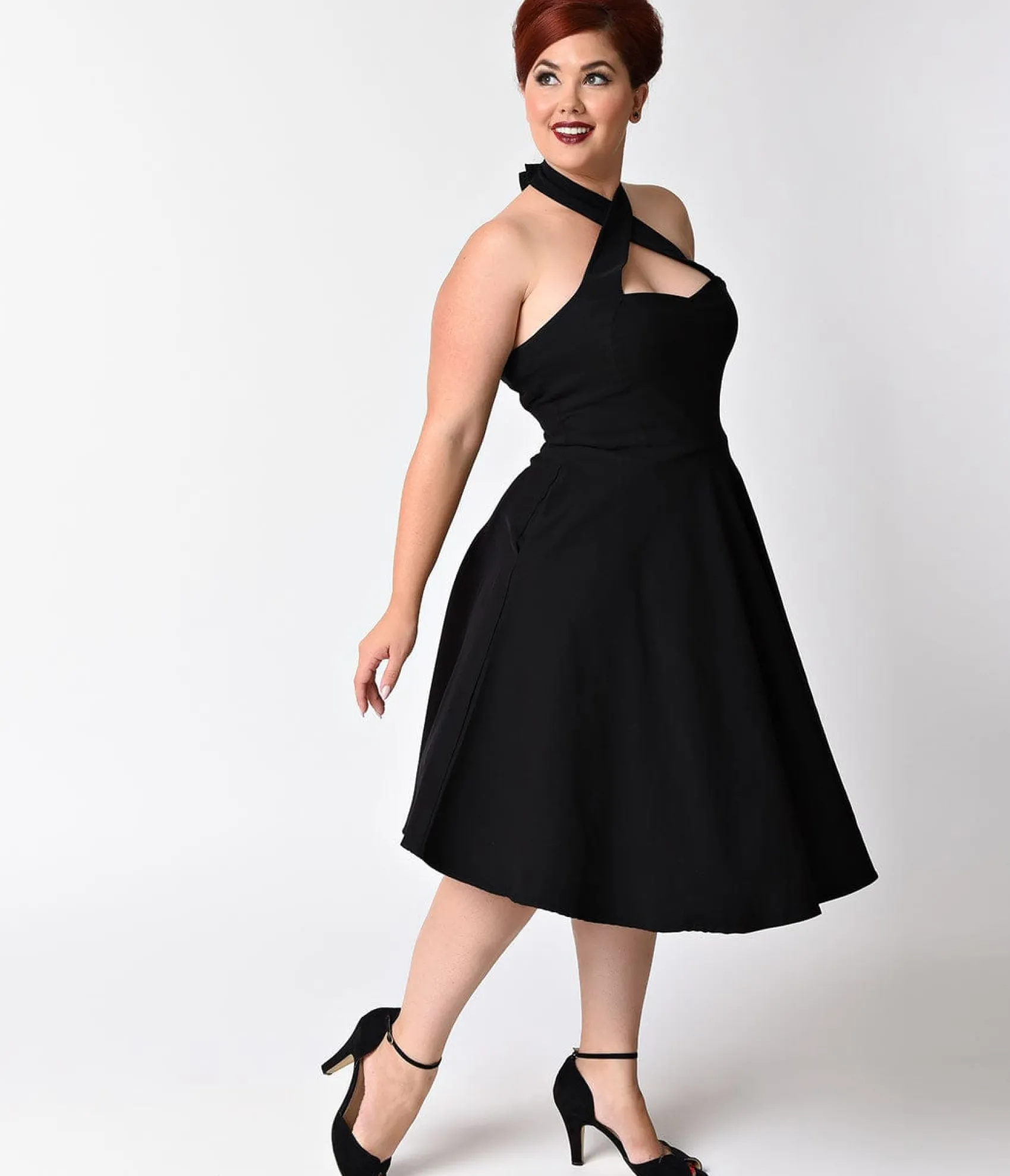 Unique Vintage Plus Size Black Criss Cross Halter Rita Flare Dress Cheap
