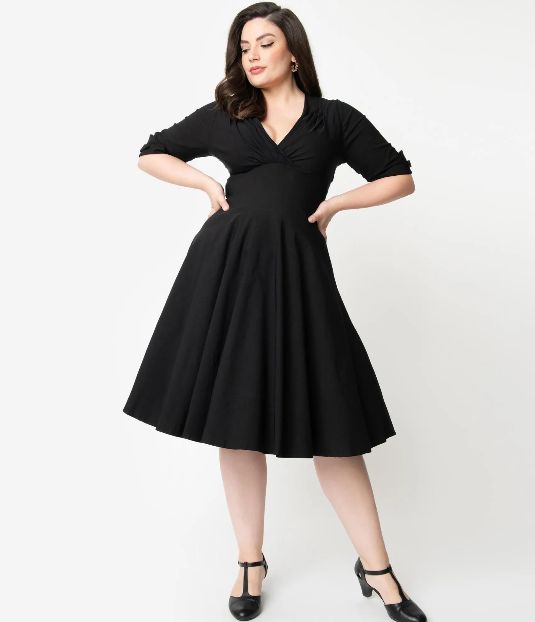 Unique Vintage Plus Size Black Delores Swing Dress with Sleeves Cheap
