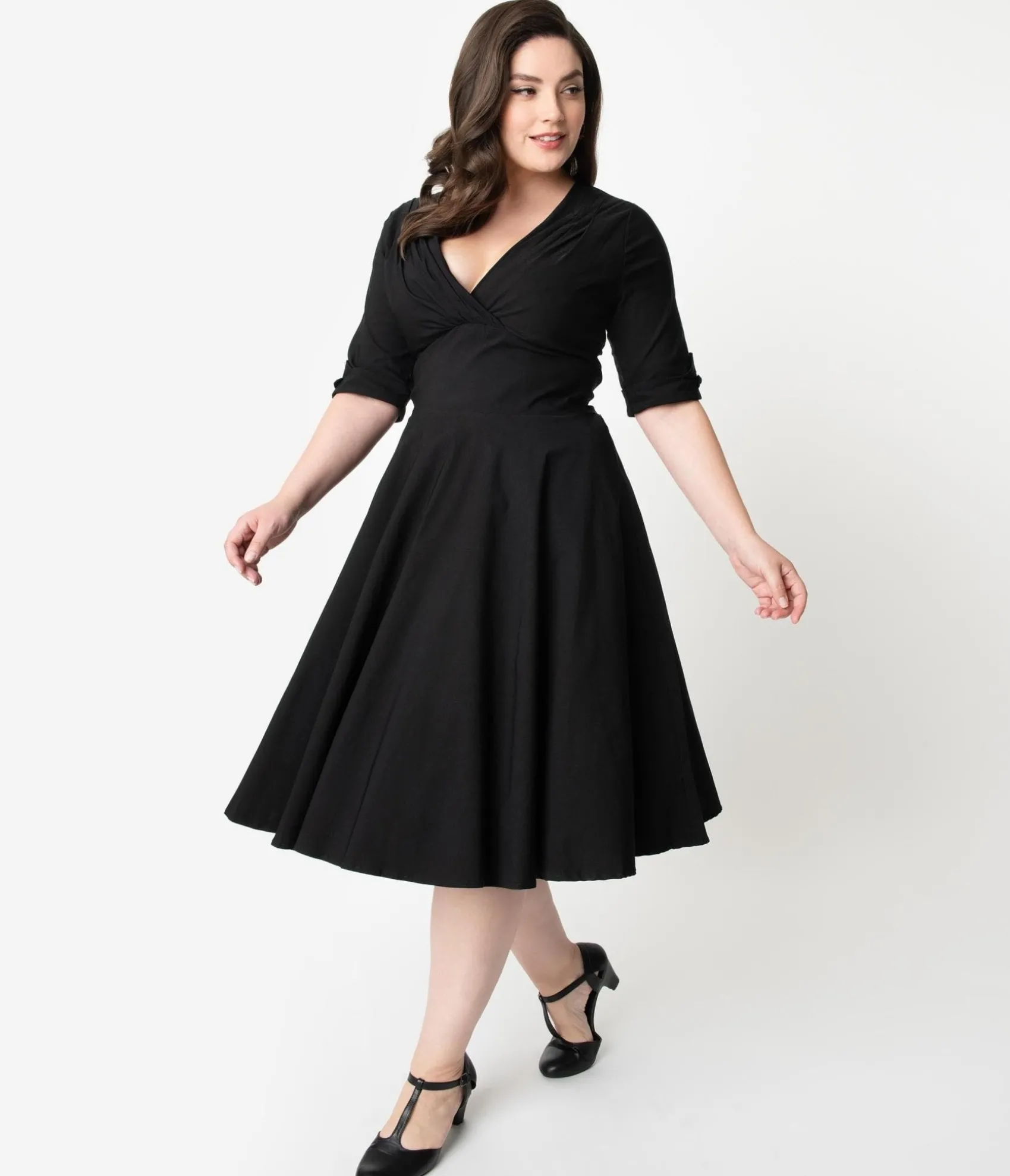 Unique Vintage Plus Size Black Delores Swing Dress with Sleeves Cheap