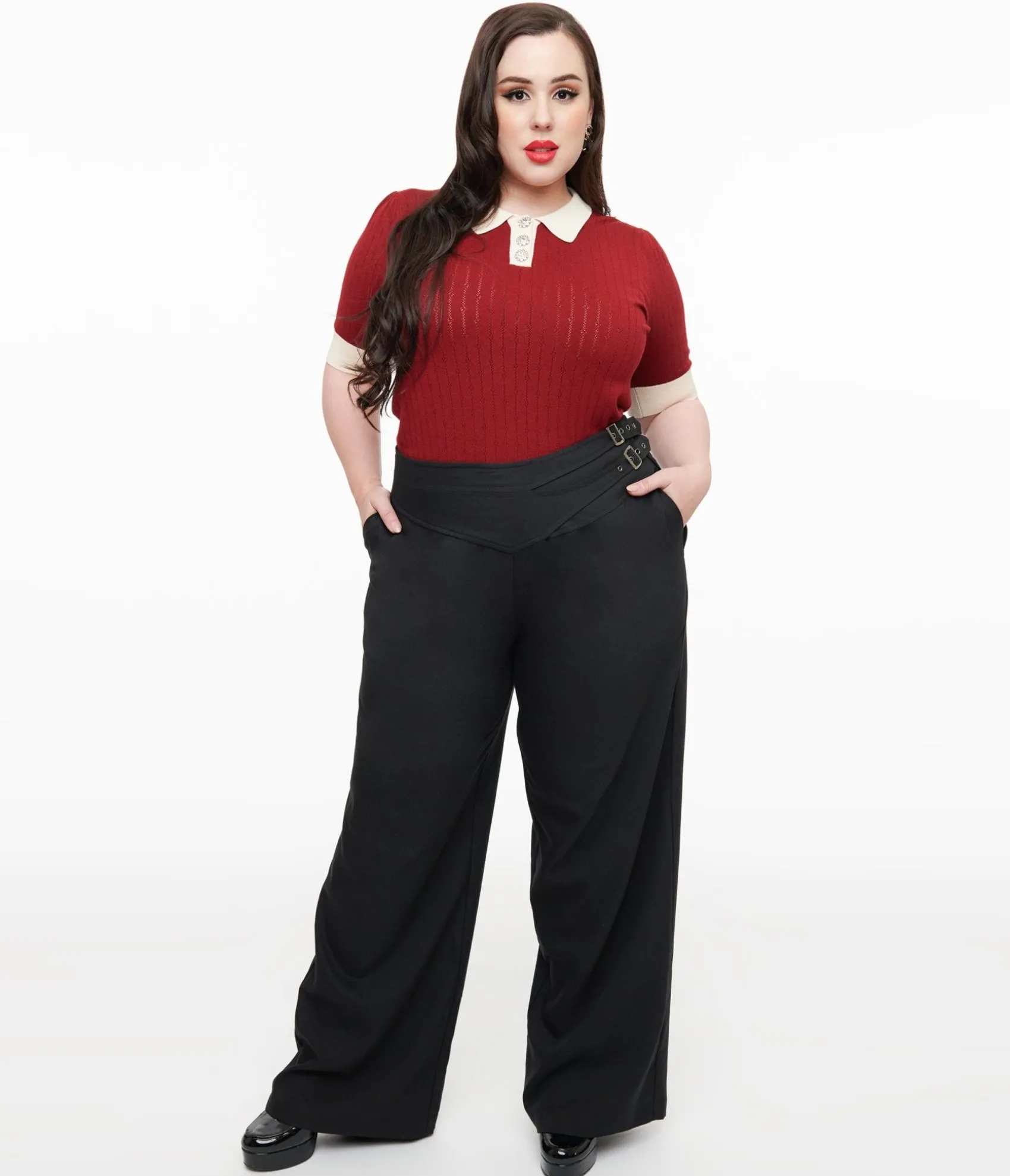 Unique Vintage Plus Size Black Double Belt Woven Pants Store