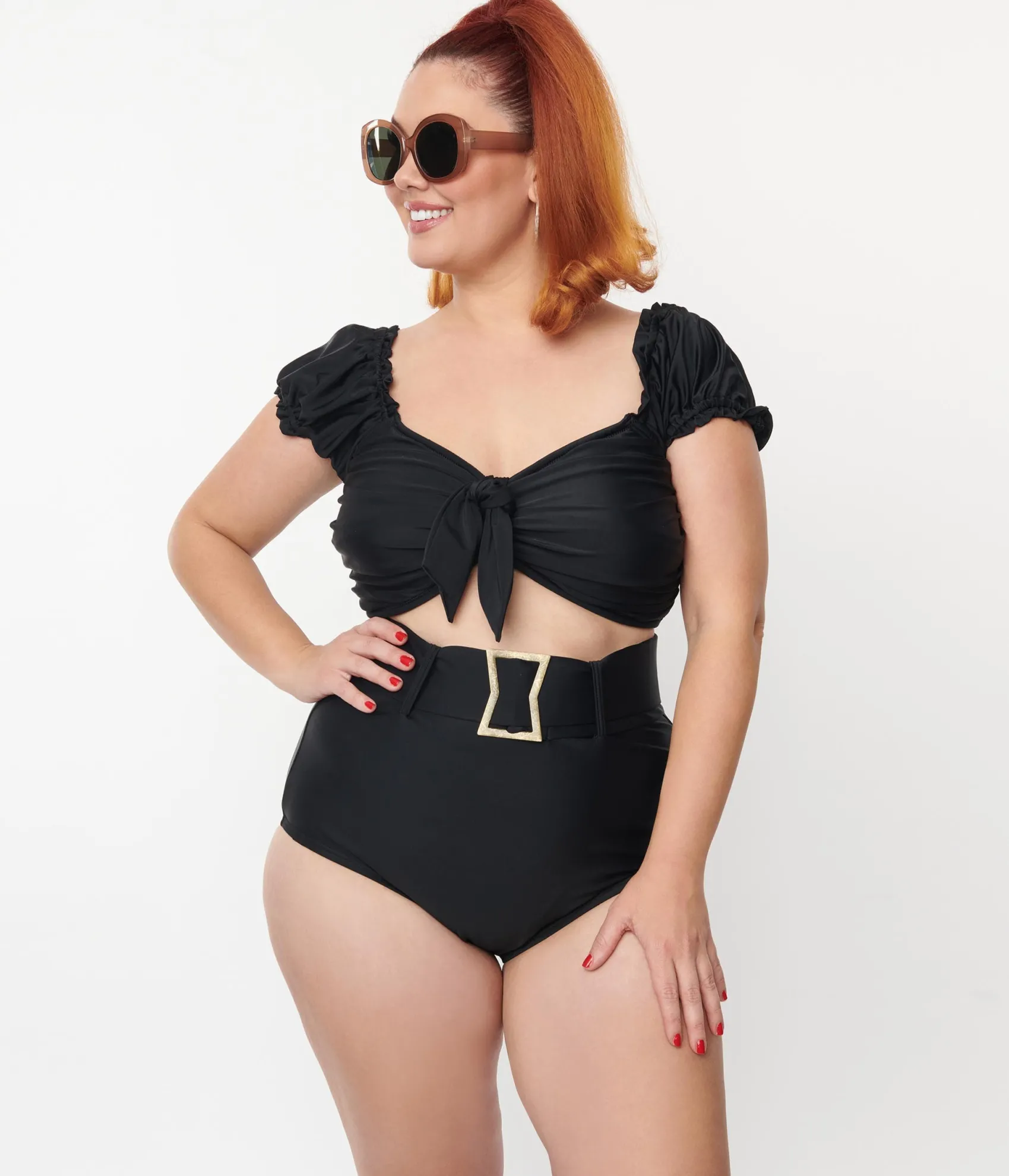 Unique Vintage Plus Size Black High Waist Belted Swim Bottom Discount