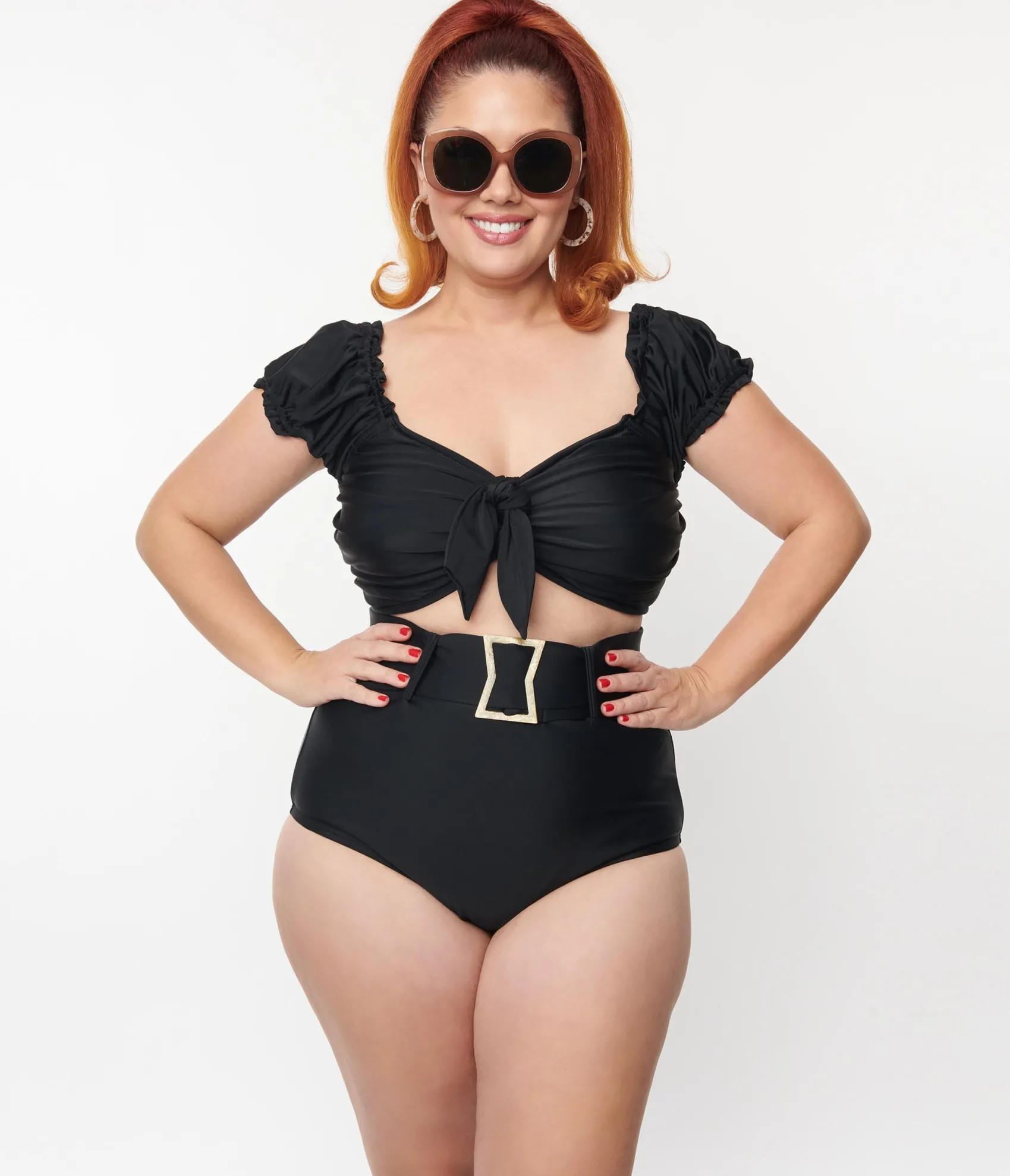 Unique Vintage Plus Size Black High Waist Belted Swim Bottom Discount