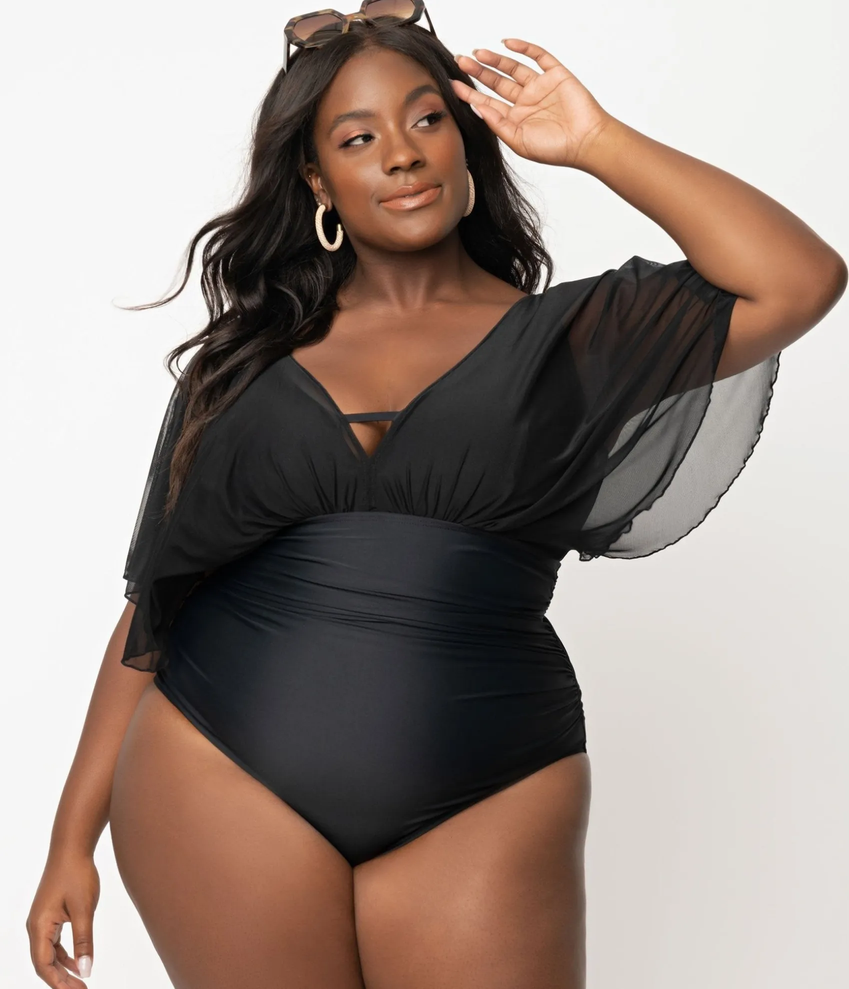 Unique Vintage Plus Size Black Mesh Sleeved Torrey Swimsuit Discount