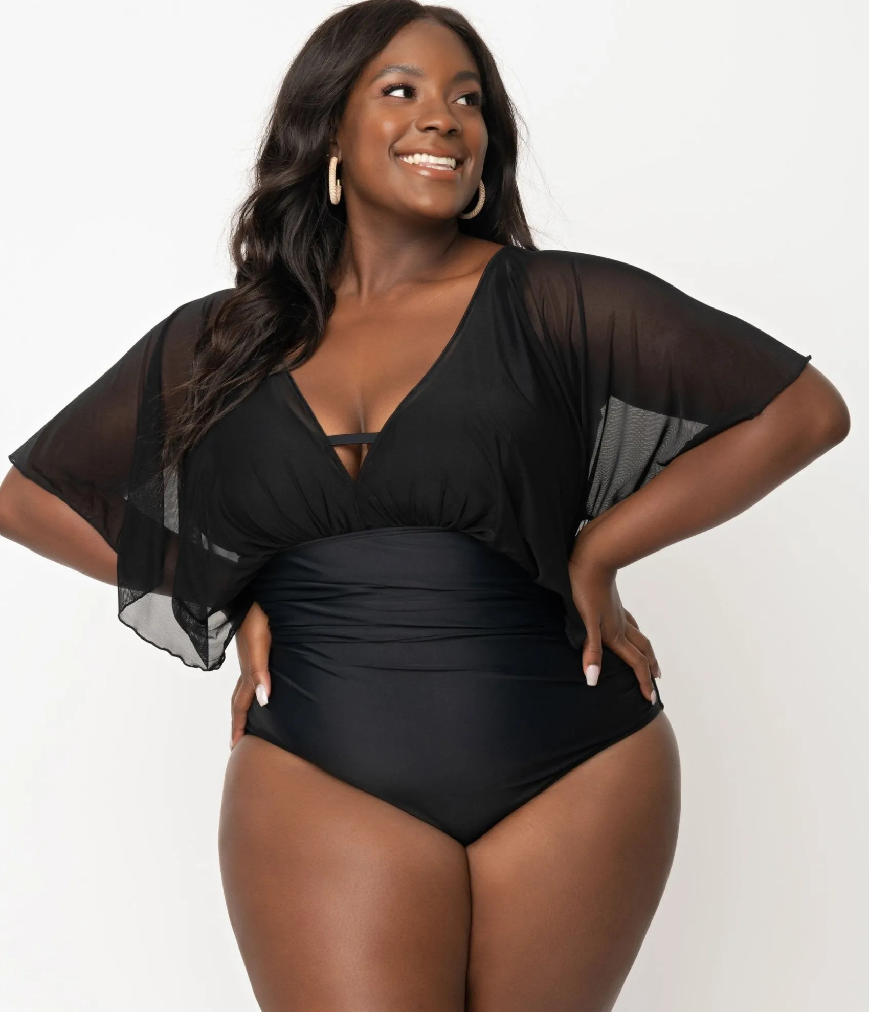 Unique Vintage Plus Size Black Mesh Sleeved Torrey Swimsuit Discount