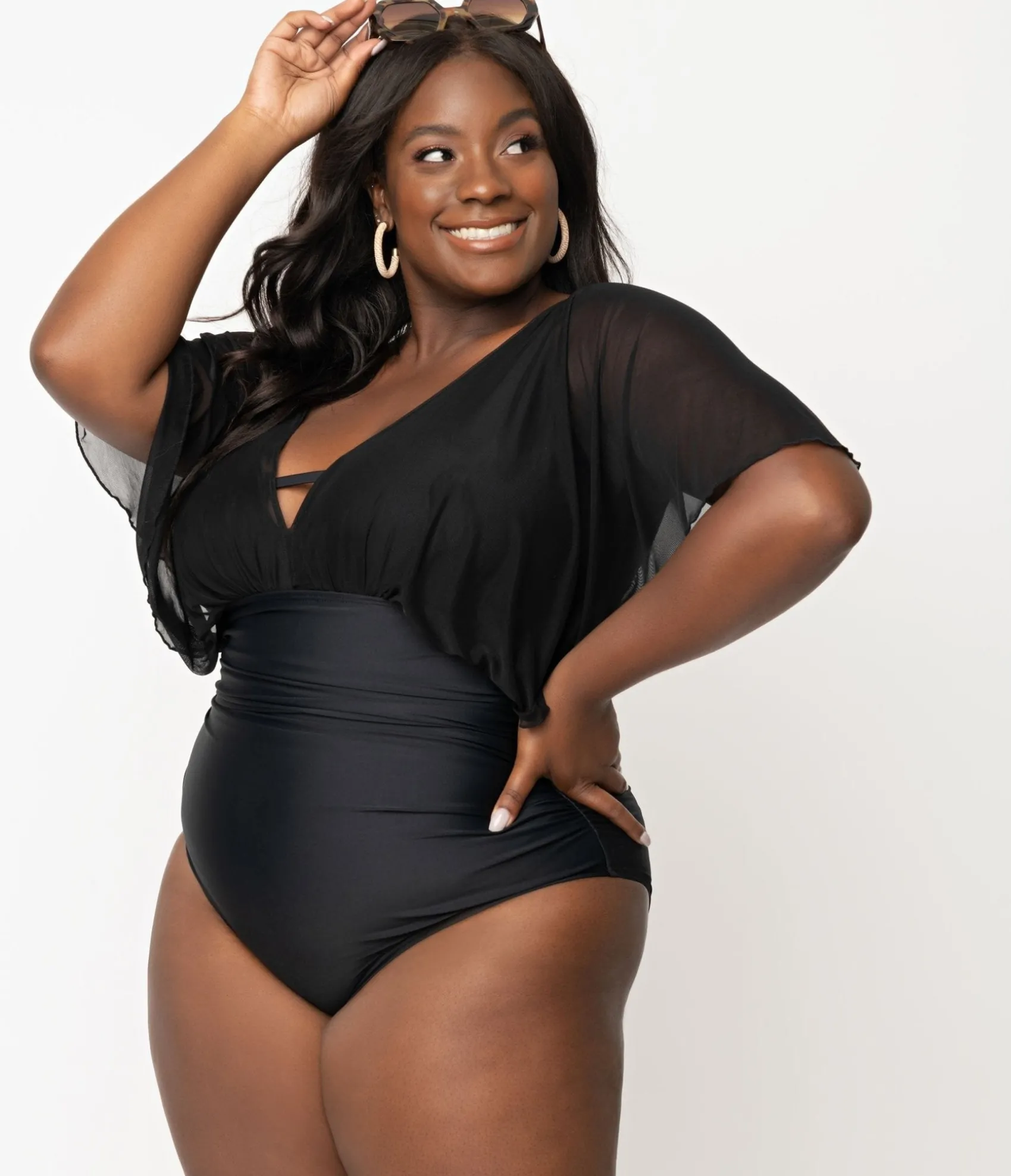 Unique Vintage Plus Size Black Mesh Sleeved Torrey Swimsuit Discount