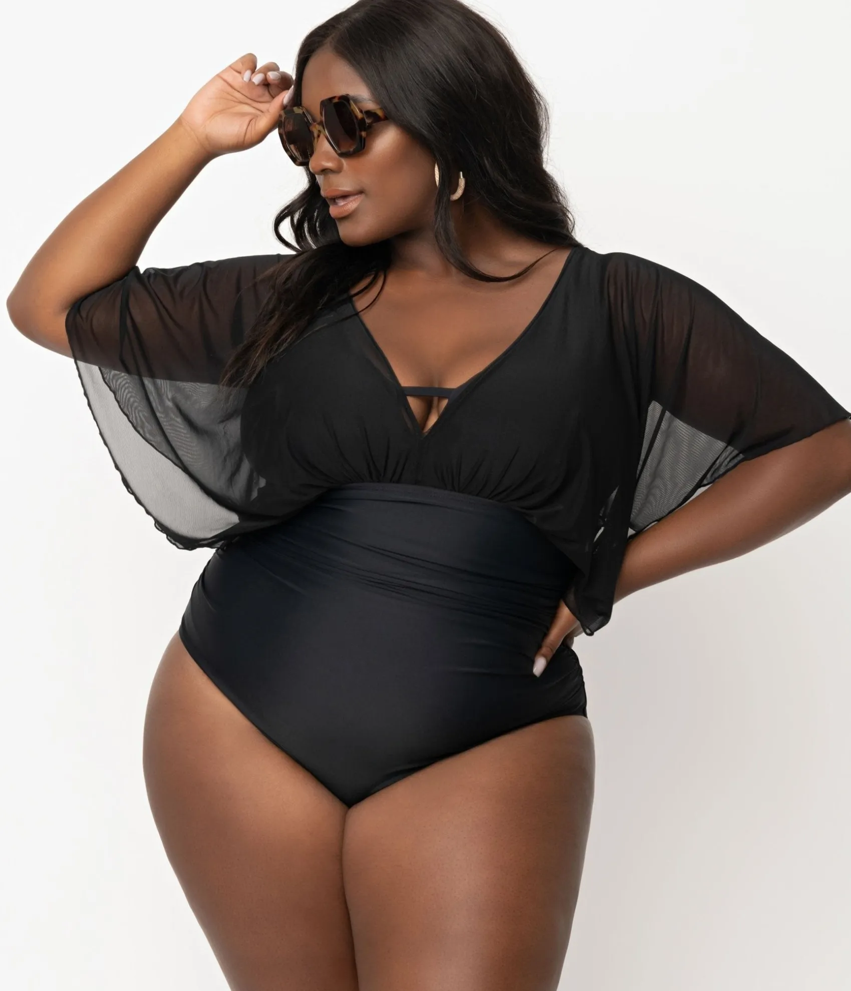 Unique Vintage Plus Size Black Mesh Sleeved Torrey Swimsuit Discount