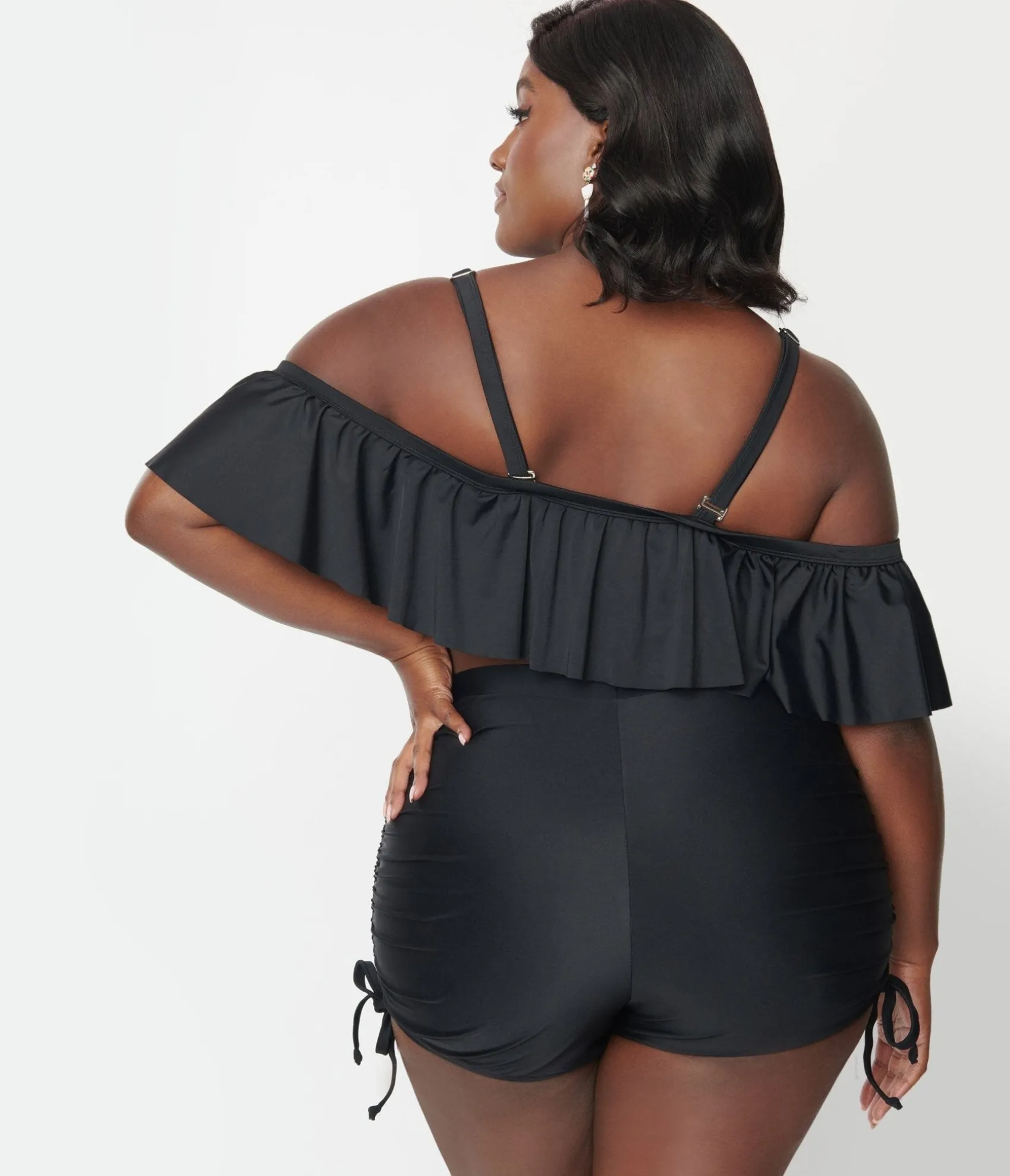 Unique Vintage Plus Size Black Pull Tie Swim Shorts Sale