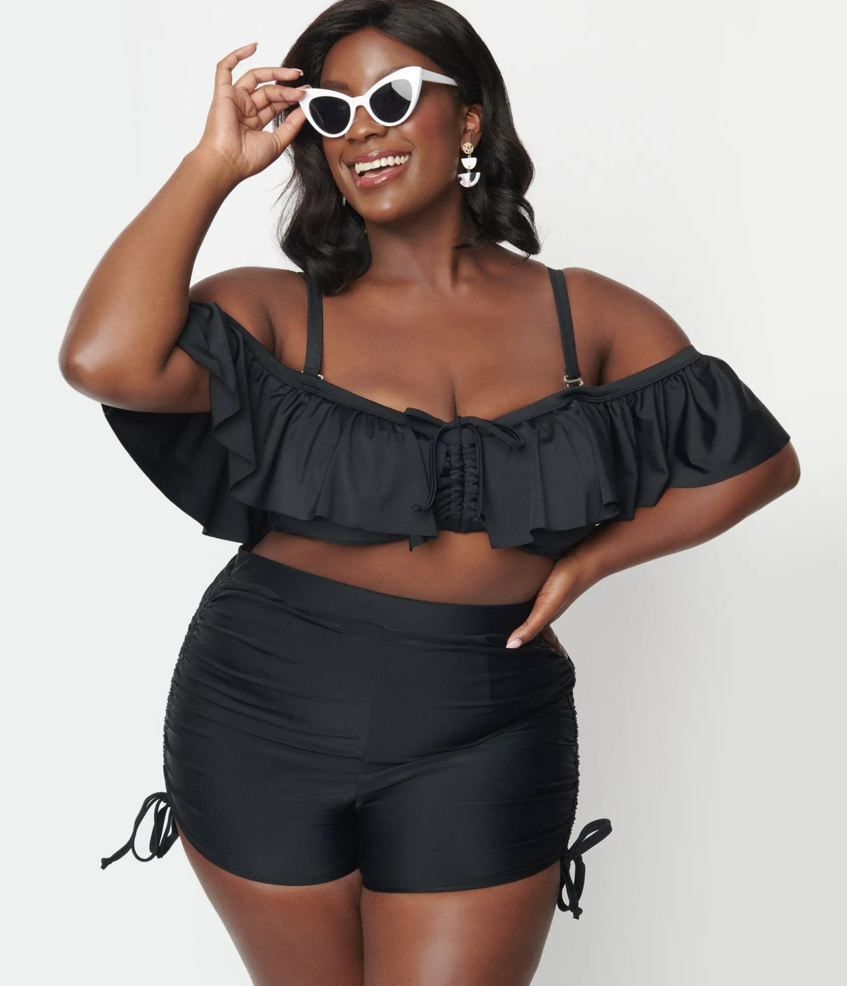 Unique Vintage Plus Size Black Pull Tie Swim Shorts Sale