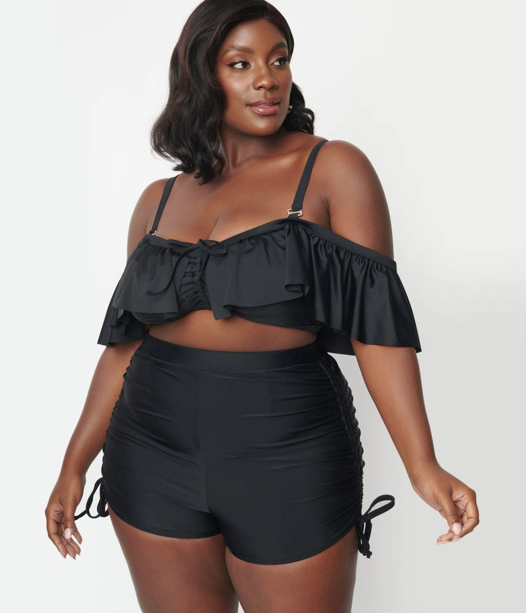 Unique Vintage Plus Size Black Pull Tie Swim Shorts Sale