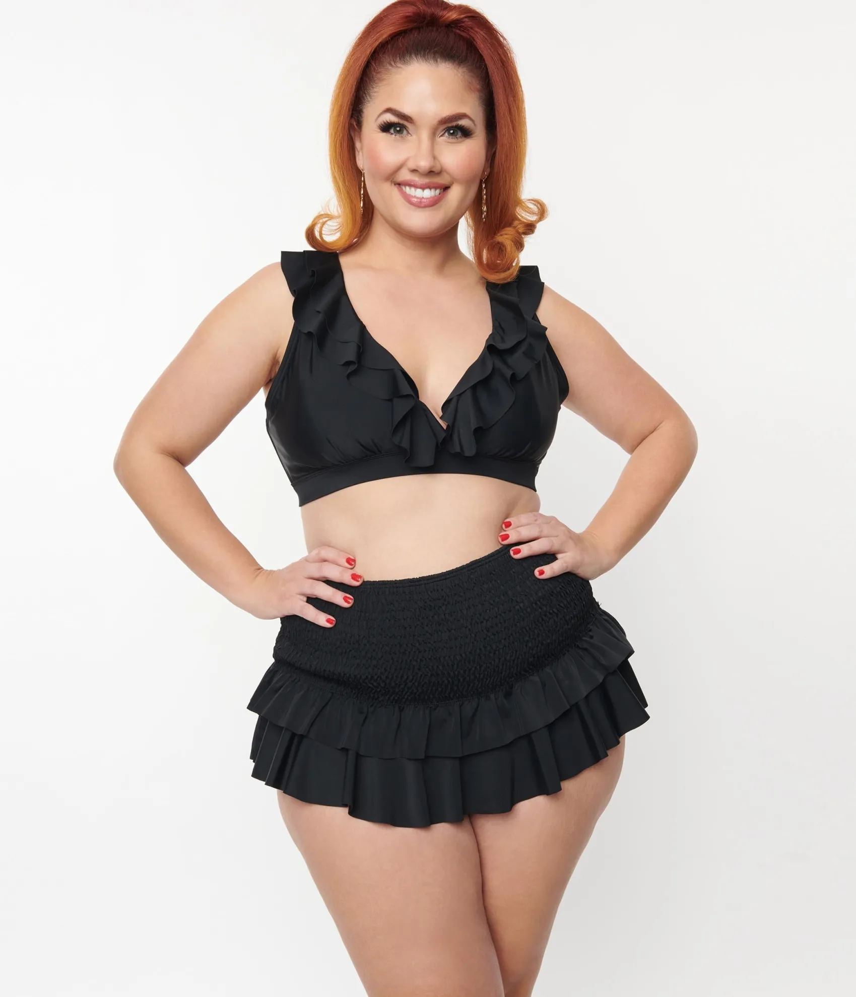 Unique Vintage Plus Size Black Ruffle Halter Swim Top Store