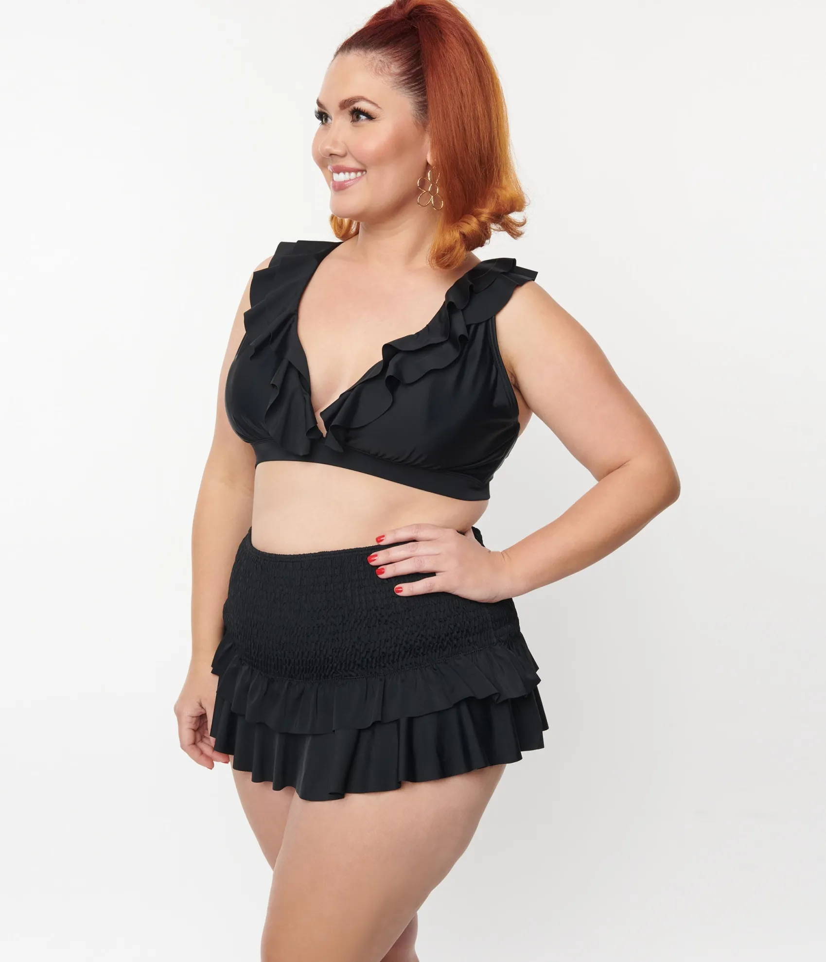 Unique Vintage Plus Size Black Ruffle Halter Swim Top Store
