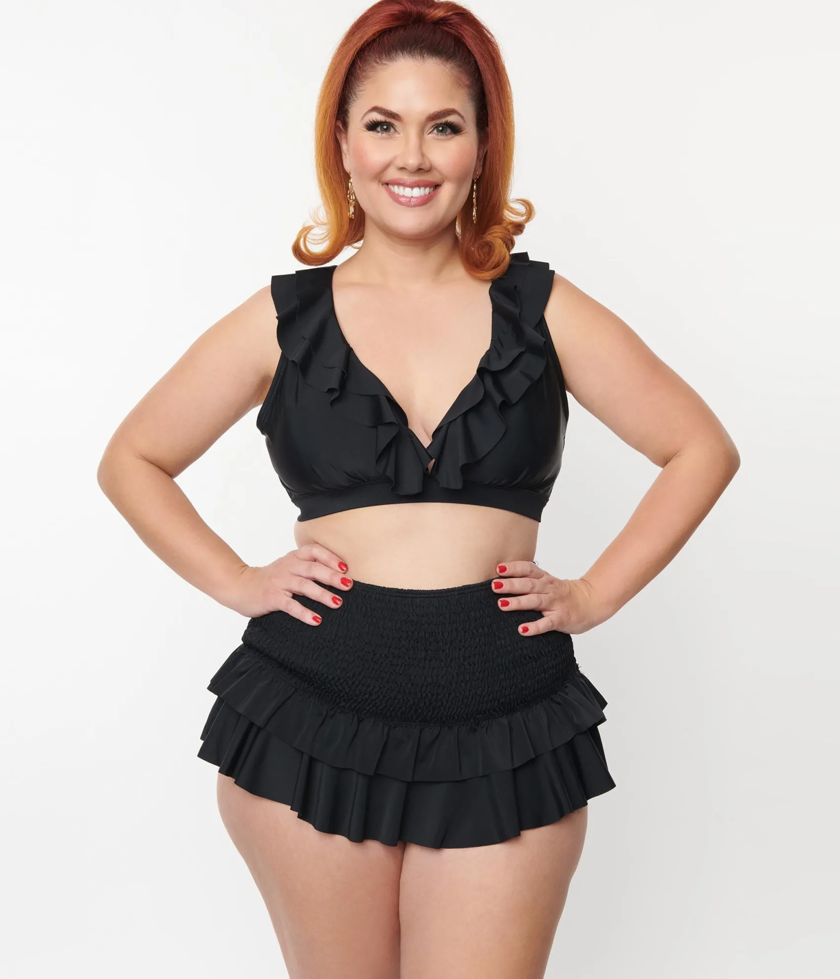 Unique Vintage Plus Size Black Ruffle Halter Swim Top Store